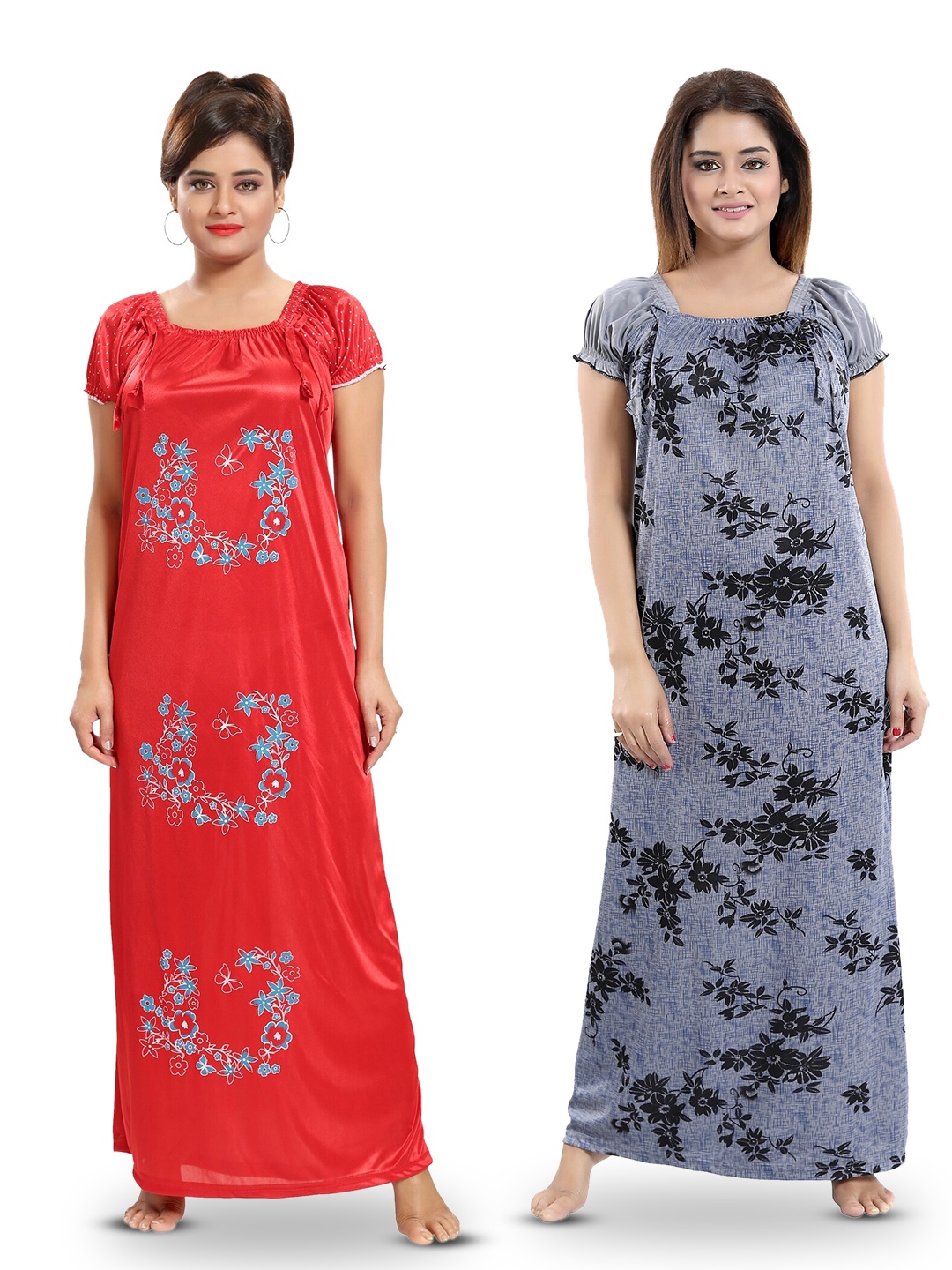 

SHOPPING STATION Pack Of 2 Floral Printed Satin Maxi Nightdress, Red