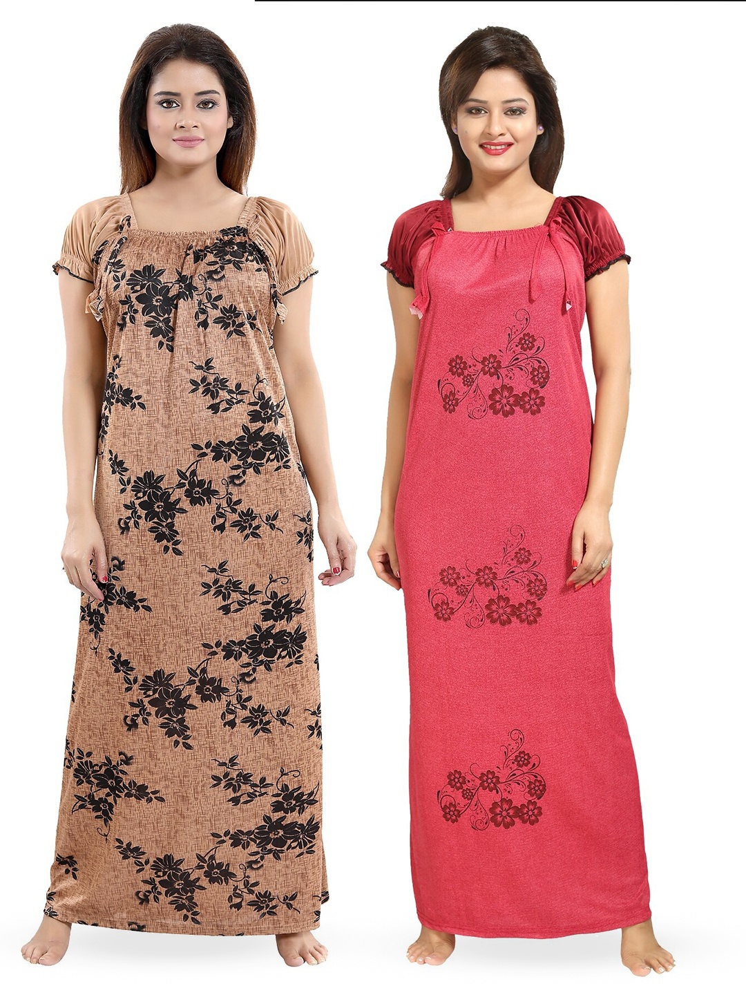 

SHOPPING STATION Pack Of 2 Floral Printed Square Neck Satin Maxi Nightdress, Brown