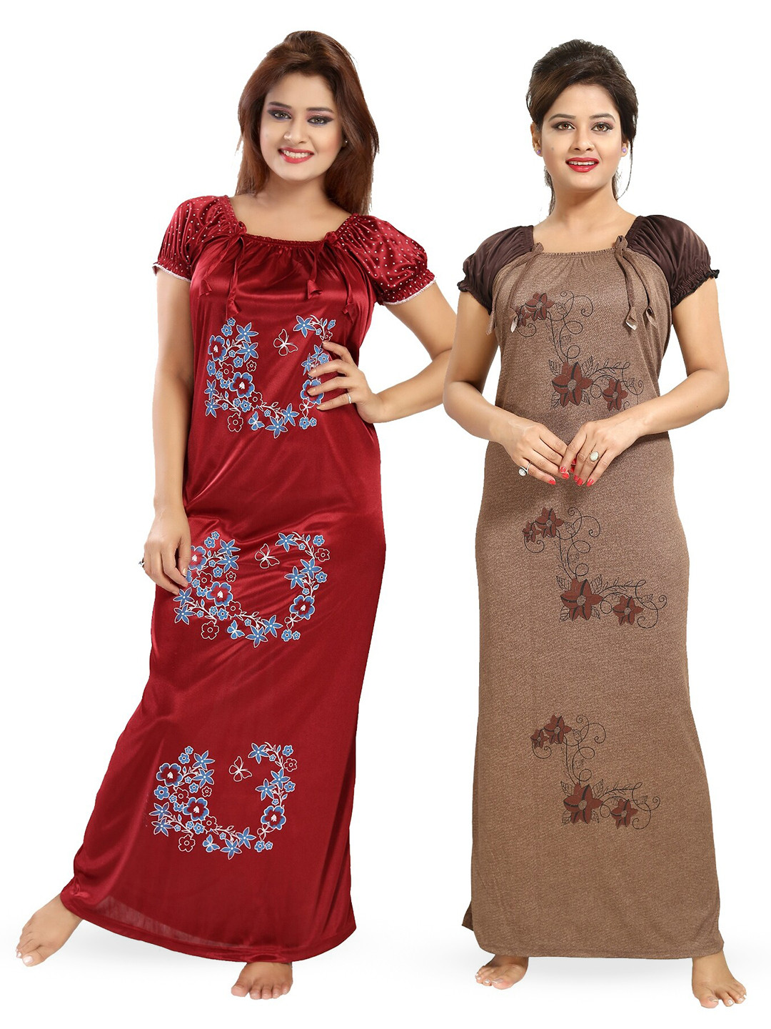 

SHOPPING STATION Pack Of 2 Floral Printed Square Neck Satin Maxi Nightdress, Maroon