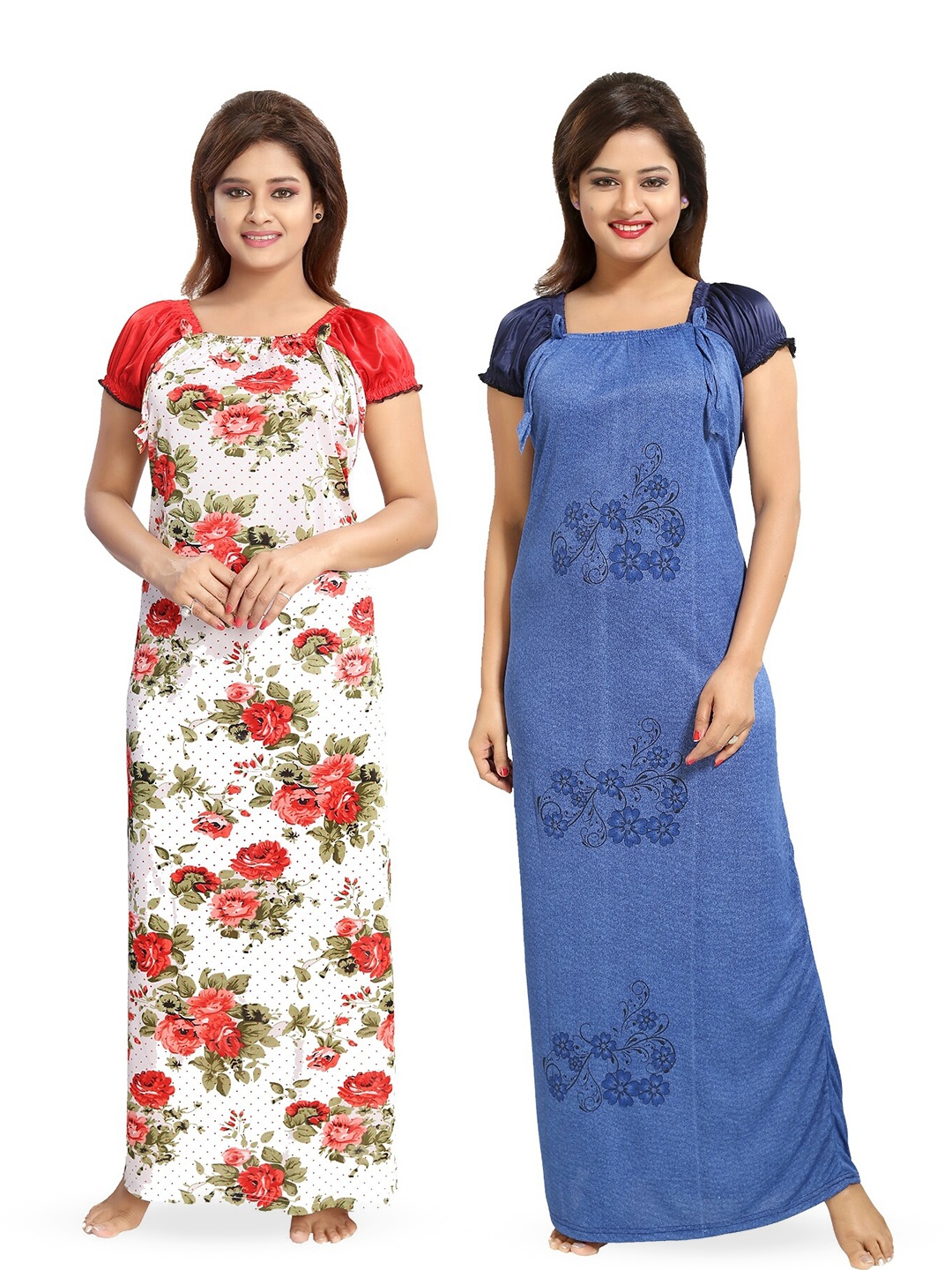 

SHOPPING STATION Pack Of 2 Floral Printed Square Neck Satin Maxi Nightdress, White