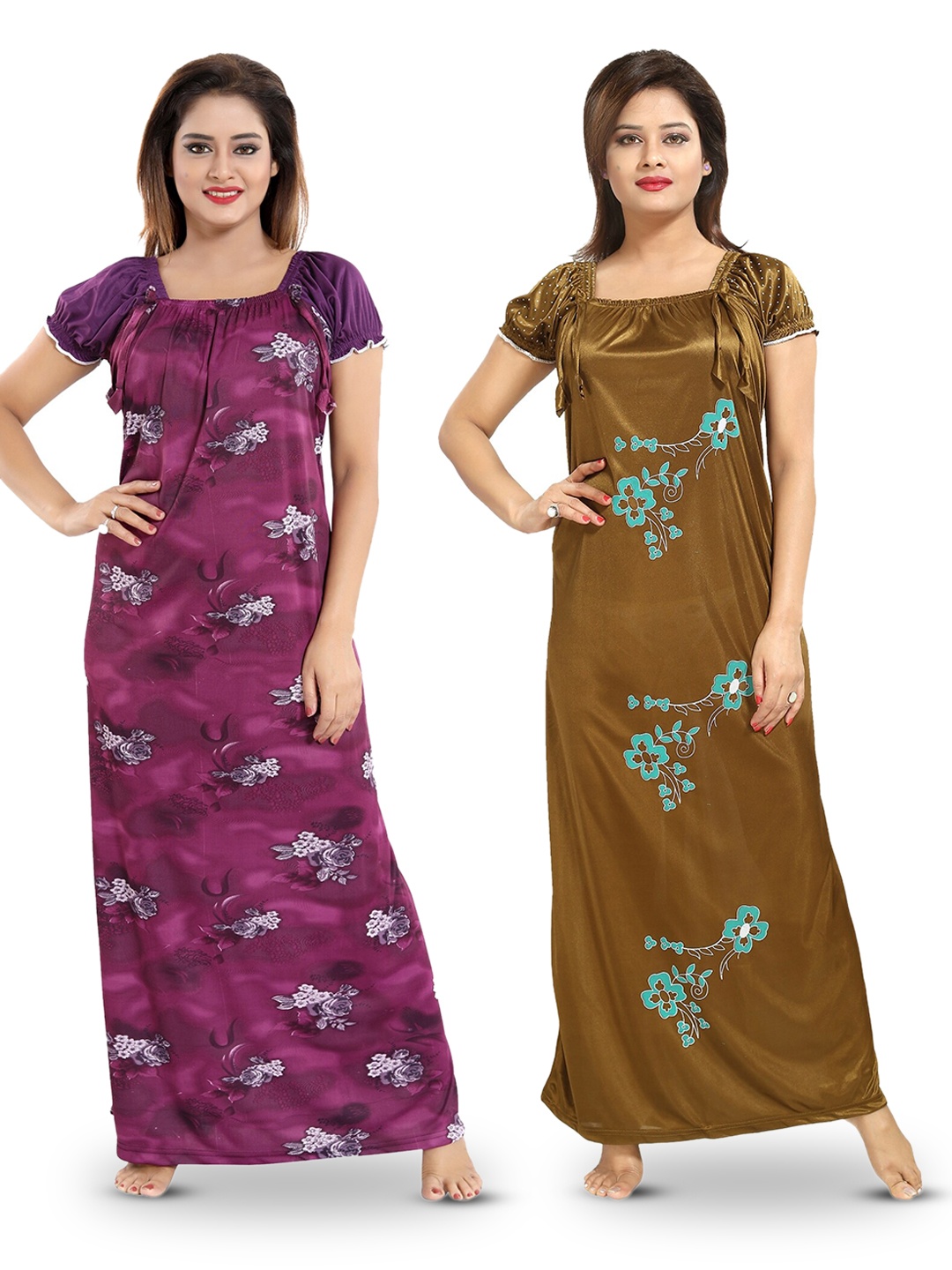 

SHOPPING STATION Pack Of 2 Floral Printed Satin Maxi Nightdress, Purple