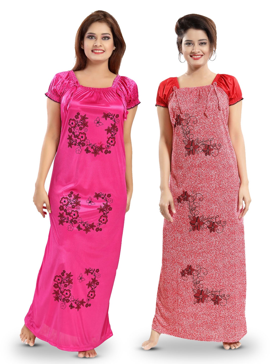 

SHOPPING STATION Pack Of 2 Floral Printed Satin Maxi Nightdress, Pink