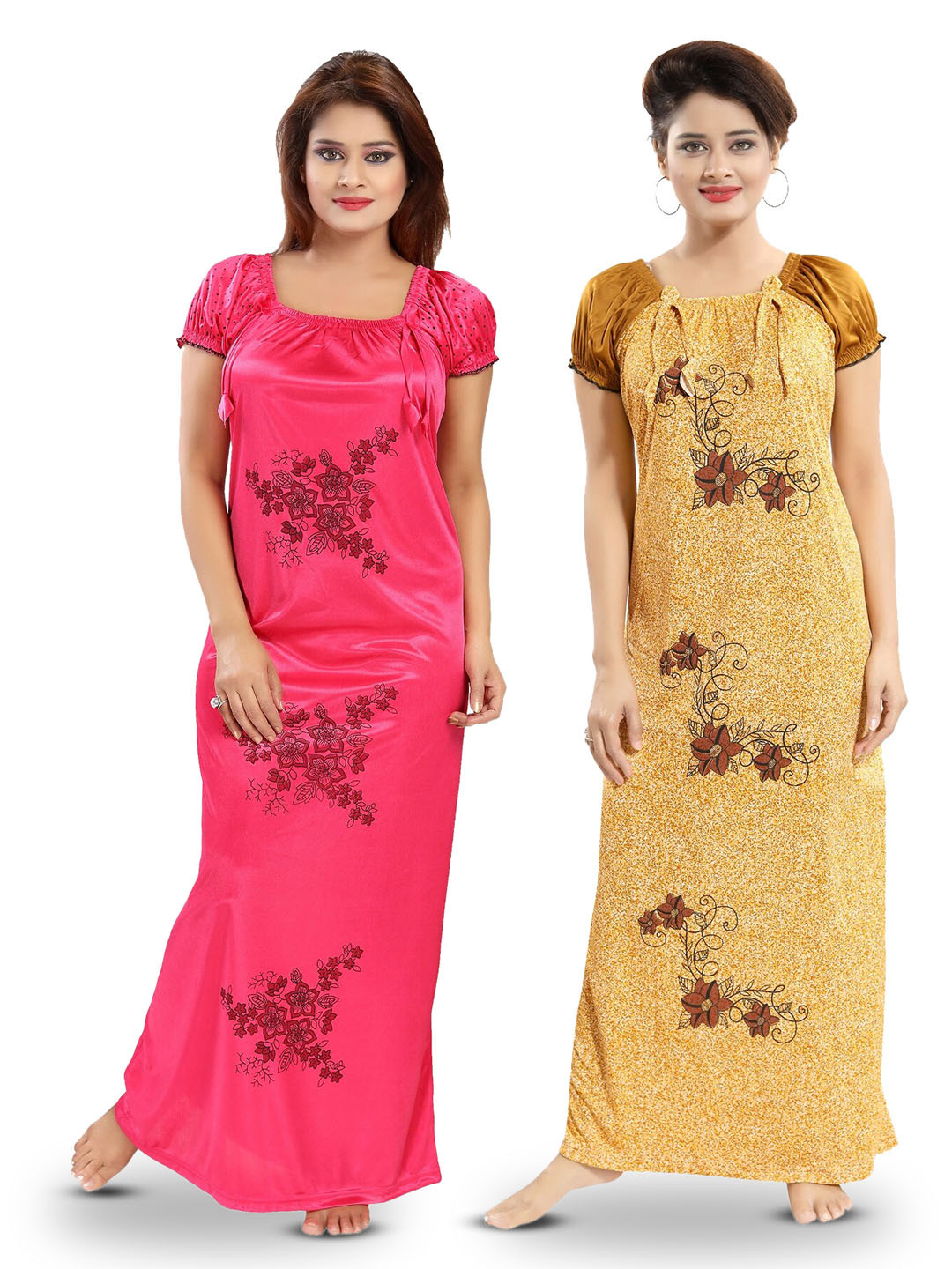 

SHOPPING STATION Pack Of 2 Floral Printed Satin Maxi Nightdresses, Pink