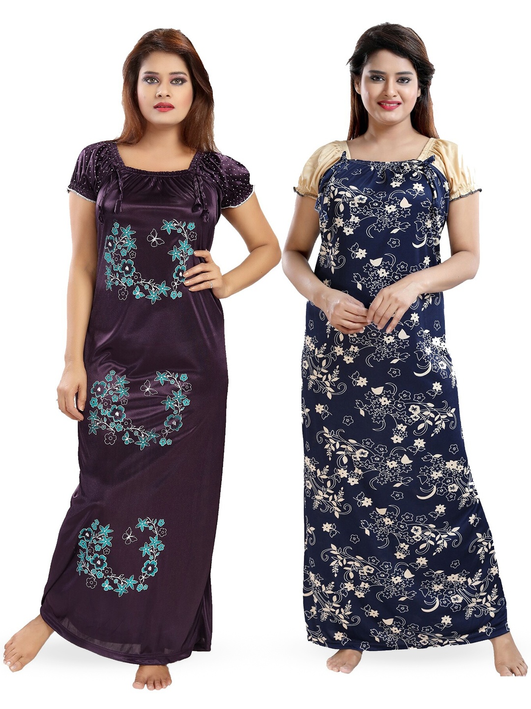 

SHOPPING STATION Pack Of 2 Floral Printed Satin Maxi Nightdress, Blue