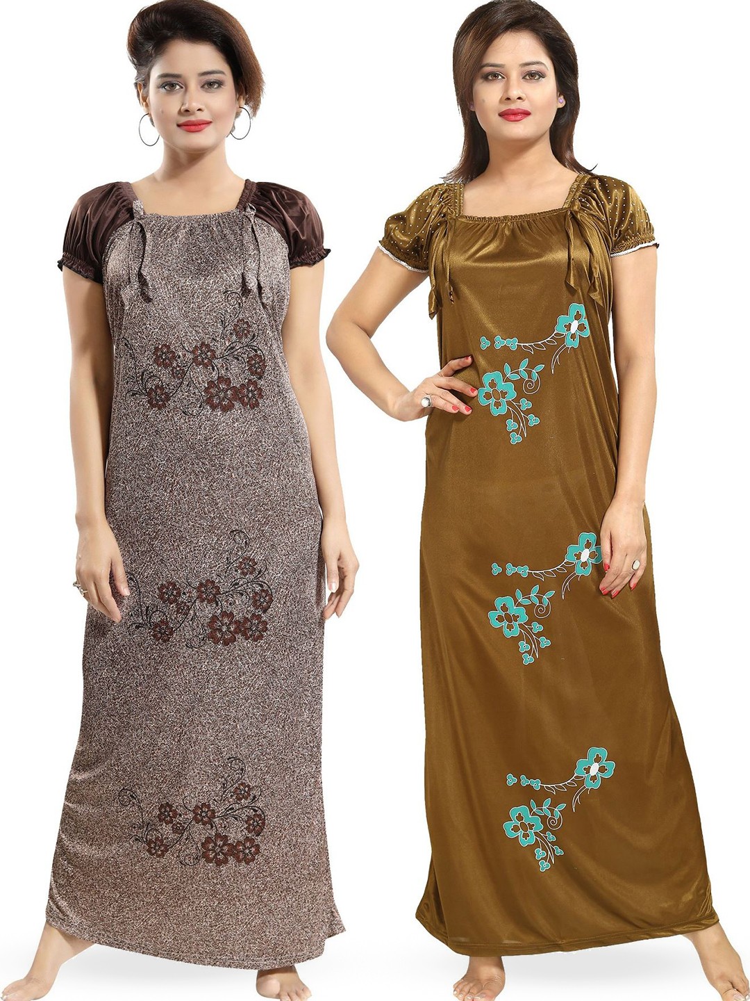 

SHOPPING STATION Pack of 2 Floral Printed Satin Maxi Nightdress, Olive