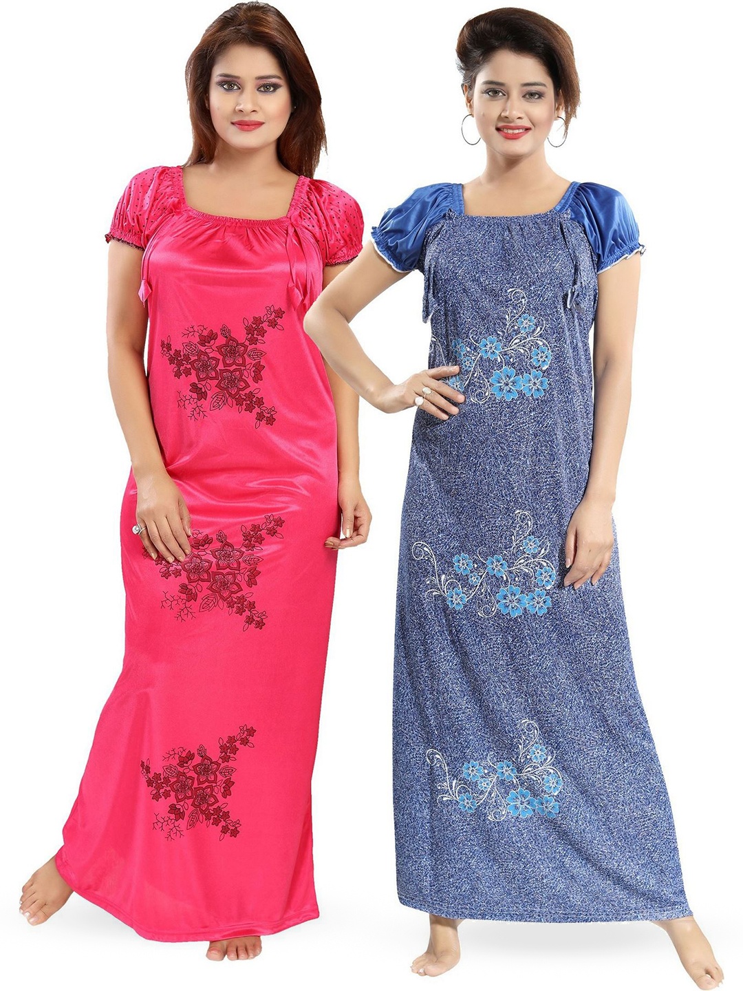

SHOPPING STATION Pack Of 2 Floral Printed Satin Maxi Nightdress, Pink