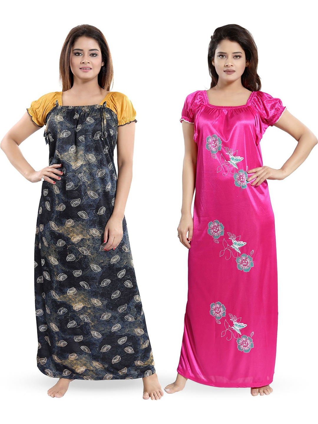 

SHOPPING STATION Pack Of 2 Floral Printed Satin Maxi Nightdress, Black