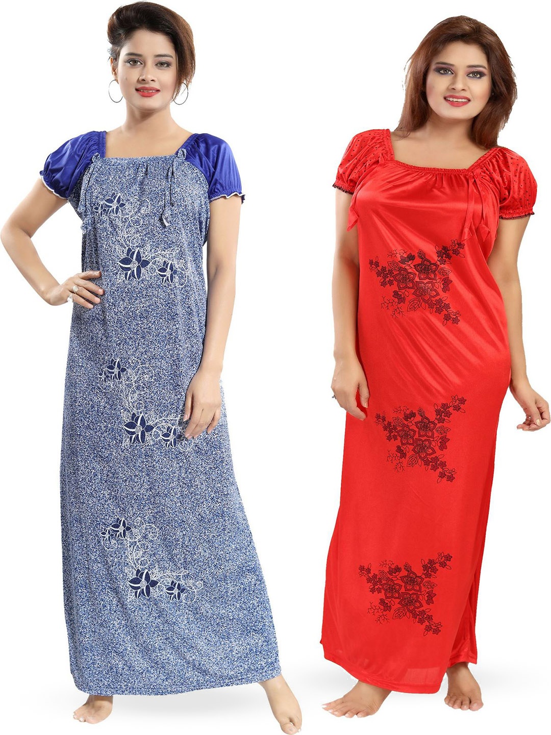 

SHOPPING STATION Pack Of 2 Floral Printed Satin Maxi Nightdresses, Red