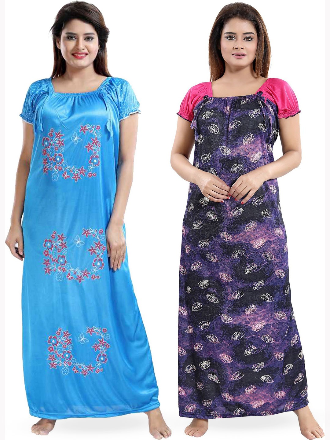 

SHOPPING STATION Pack Of 2 Floral Printed Satin Maxi Nightdress, Blue