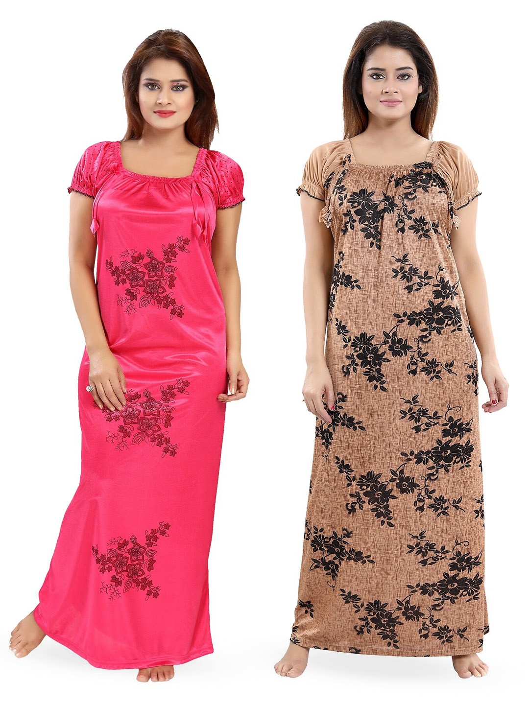 

SHOPPING STATION Pack of 2 Floral Printed Satin Maxi Nightdress, Pink