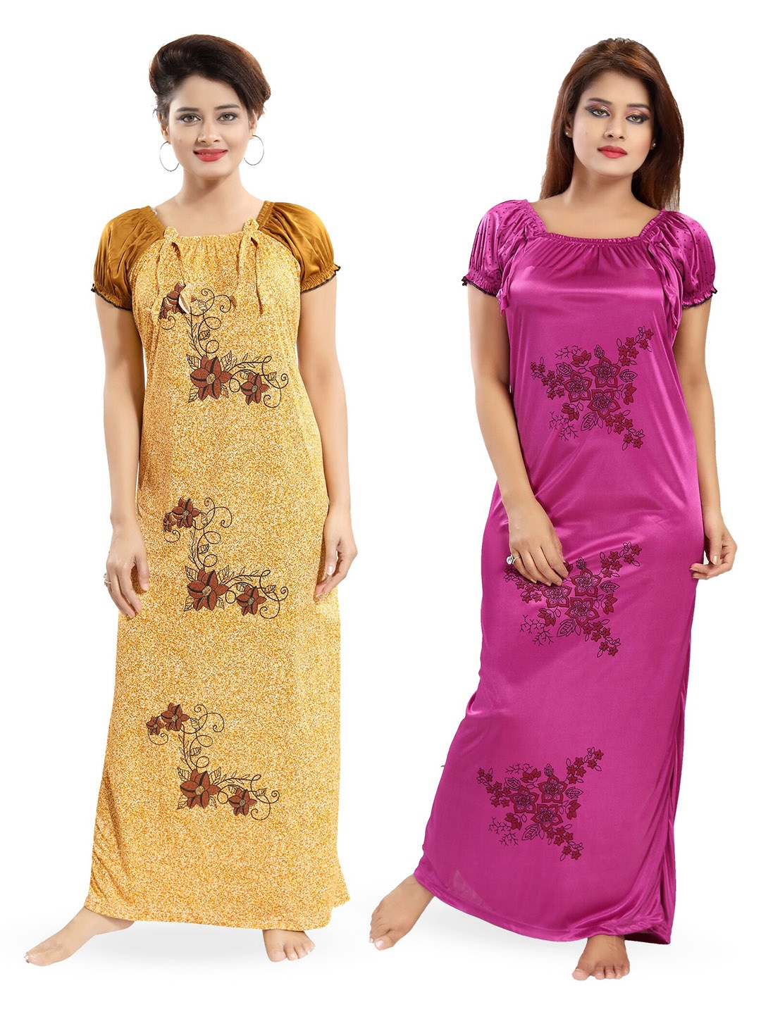 

SHOPPING STATION Pack Of 2 Floral Printed Satin Maxi Nightdress, Brown