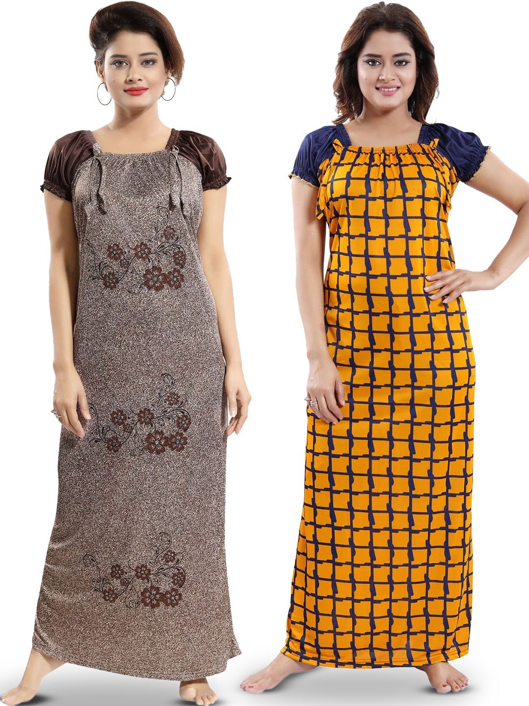 

SHOPPING STATION Pack Of 2 Floral Printed Satin Maxi Nightdress, Yellow