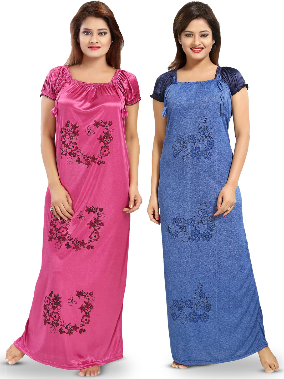 

SHOPPING STATION Pack Of 2 Floral Printed Satin Maxi Nightdress, Pink