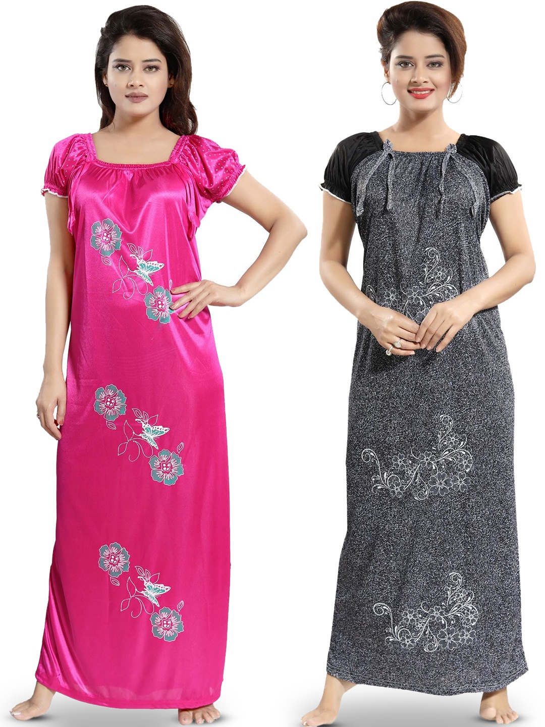 

SHOPPING STATION Pack Of 2 Floral Printed Satin Maxi Nightdress, Pink