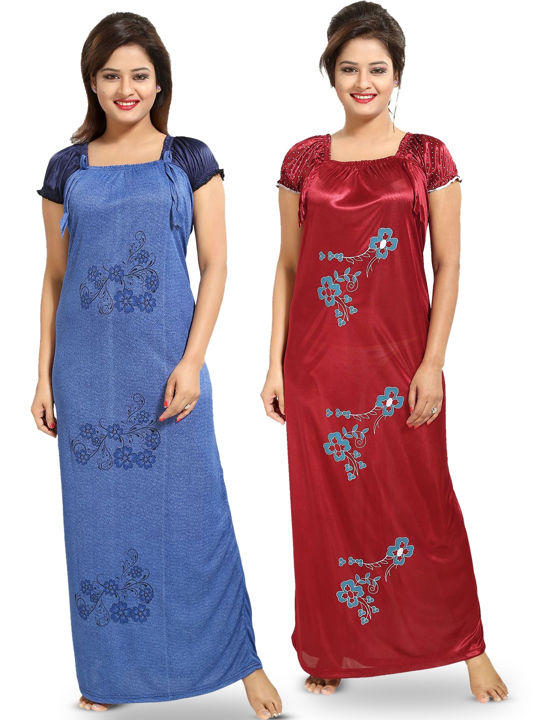 

SHOPPING STATION Pack Of 2 Floral Printed Satin Maxi Nightdress, Blue