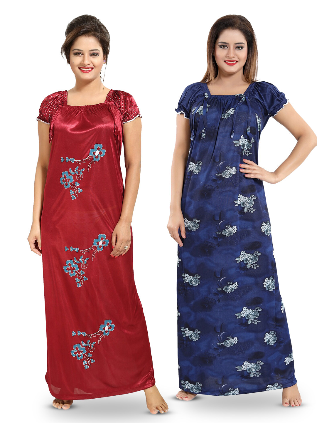

SHOPPING STATION Pack Of 2 Floral Printed Satin Maxi Nightdresses, Red