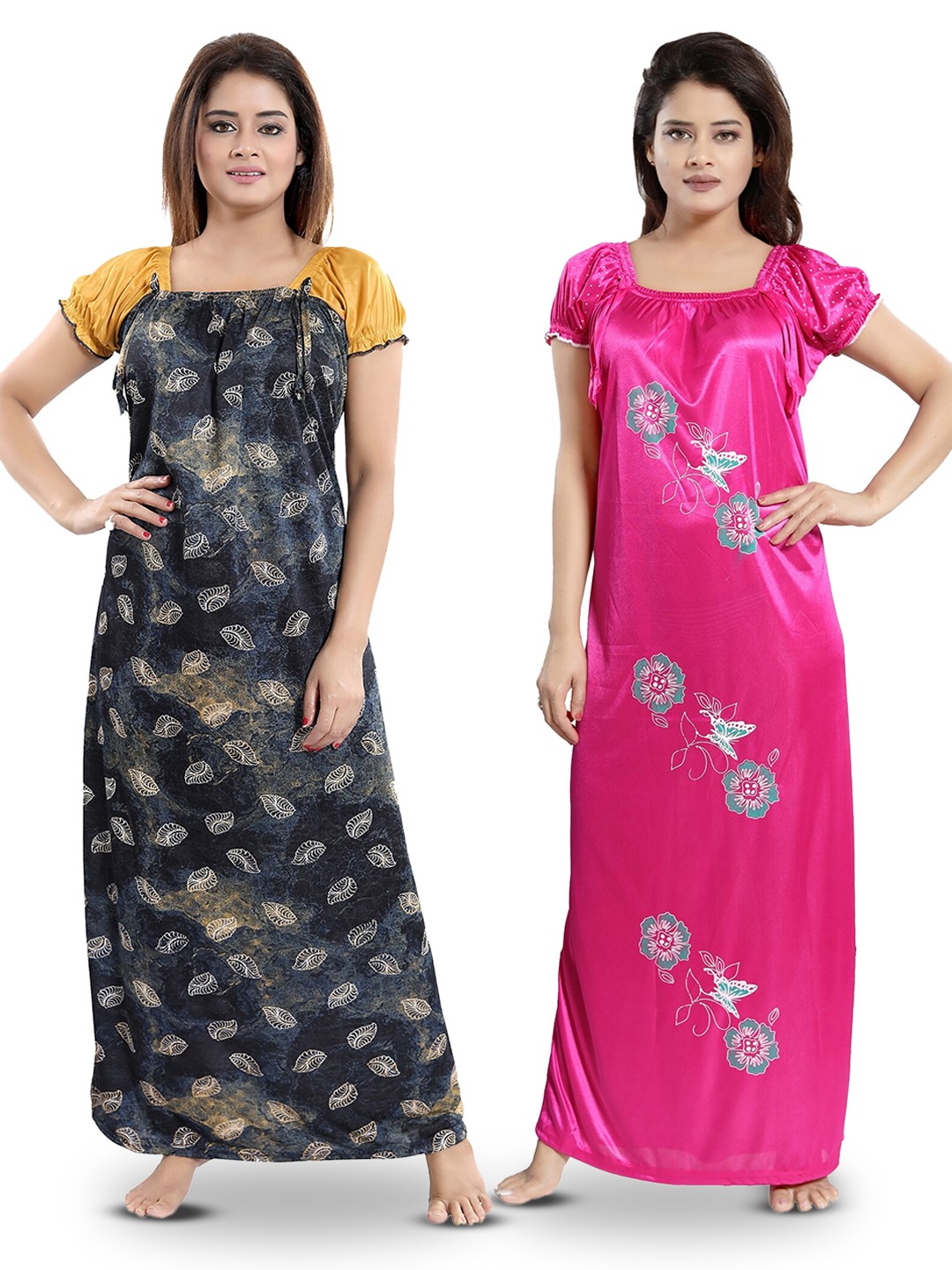 

SHOPPING STATION Pack Of 2 Floral Printed Satin Maxi Nightdress, Black