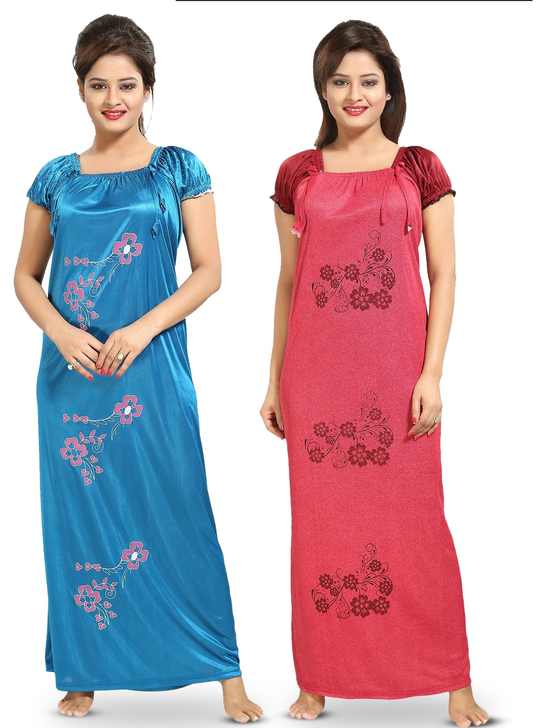 

SHOPPING STATION Pack Of 2 Floral Printed Satin Maxi Nightdress, Blue