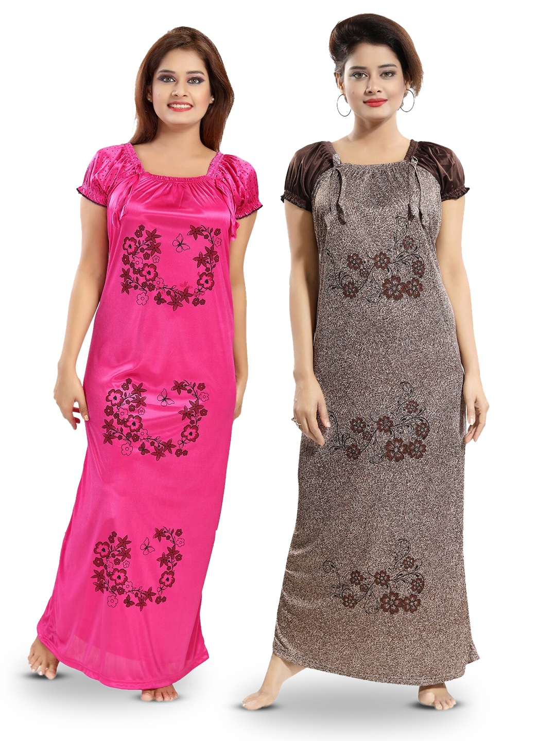 

SHOPPING STATION Pack Of 2 Floral Printed Satin Maxi Nightdress, Pink