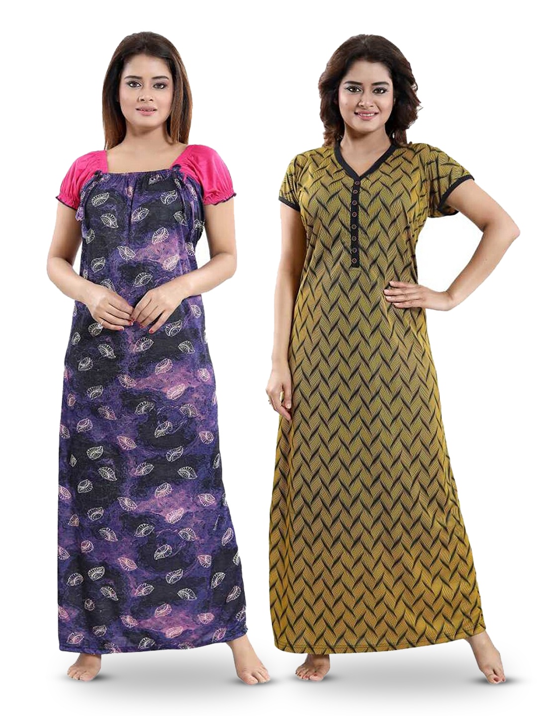 

SHOPPING STATION Pack of 2 Abstract Printed Satin Maxi Nightdress, Blue