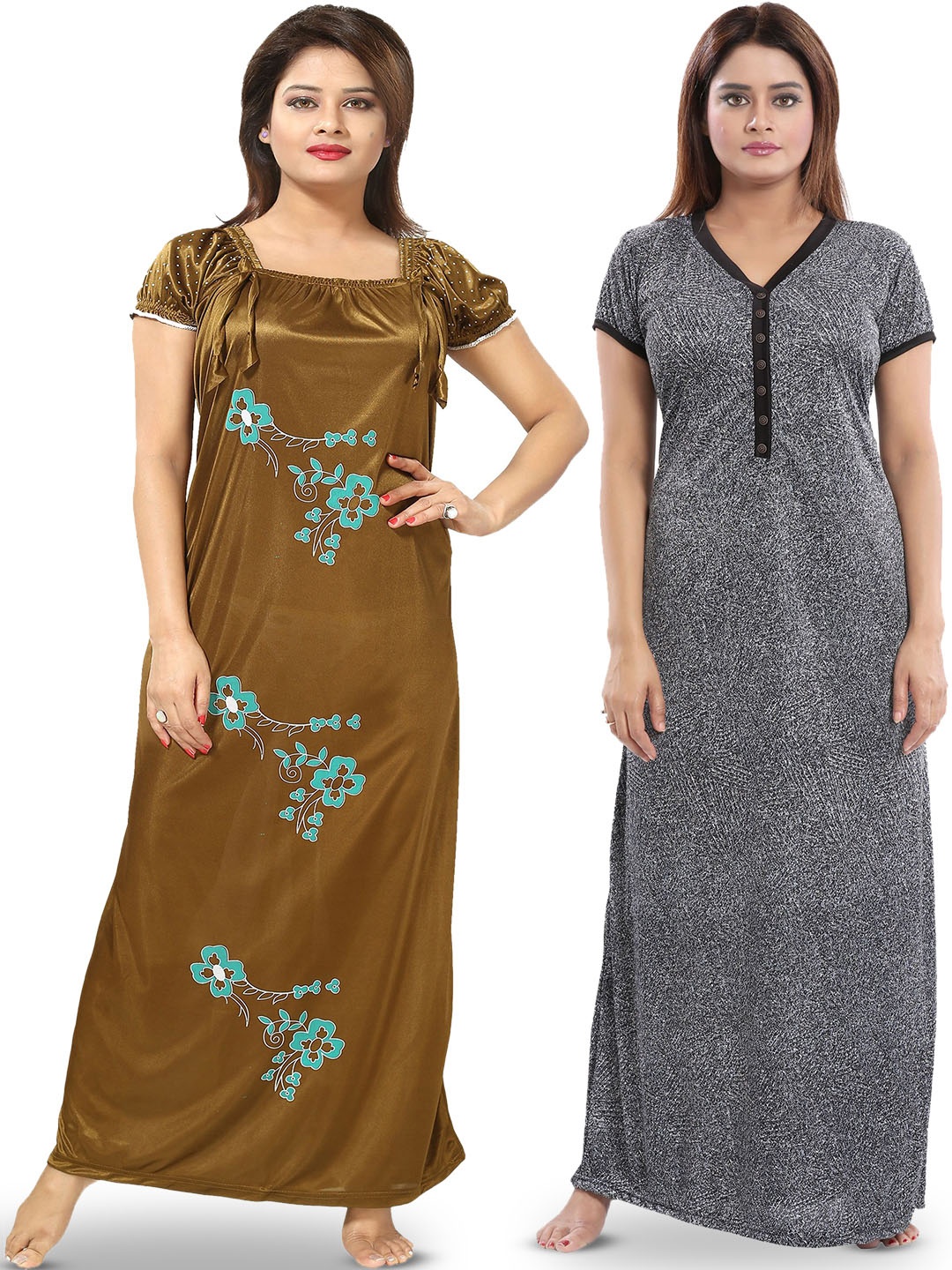 

SHOPPING STATION Pack Of 2 Floral Printed Satin Maxi Nightdress, Brown