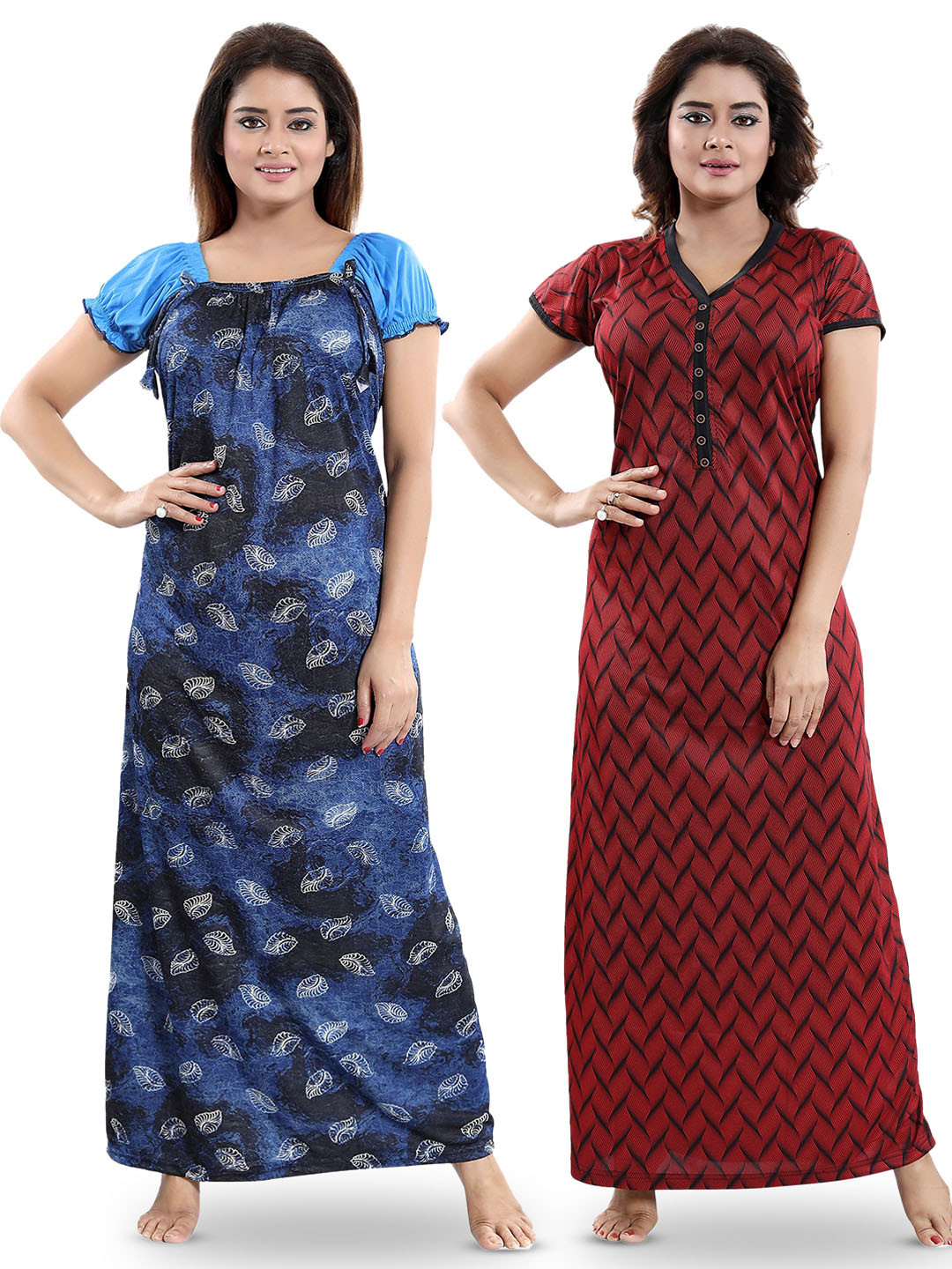 

SHOPPING STATION Pack Of 2 Floral Printed Satin Maxi Nightdress, Navy blue