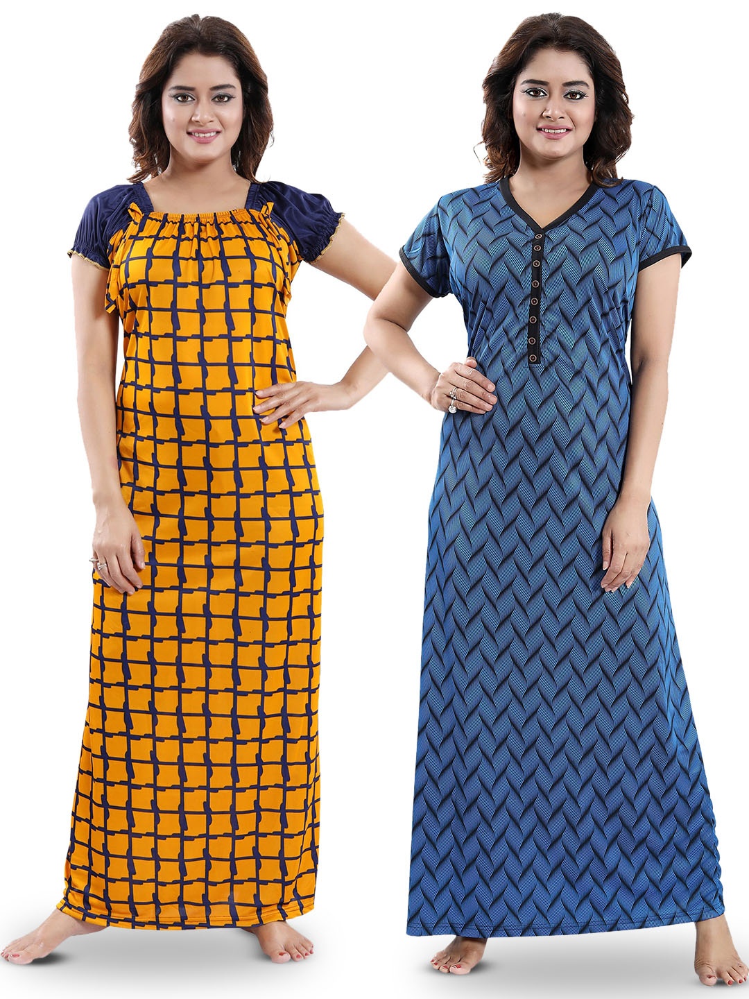 

SHOPPING STATION Pack Of 2 Checked Satin Maxi Nightdress, Blue