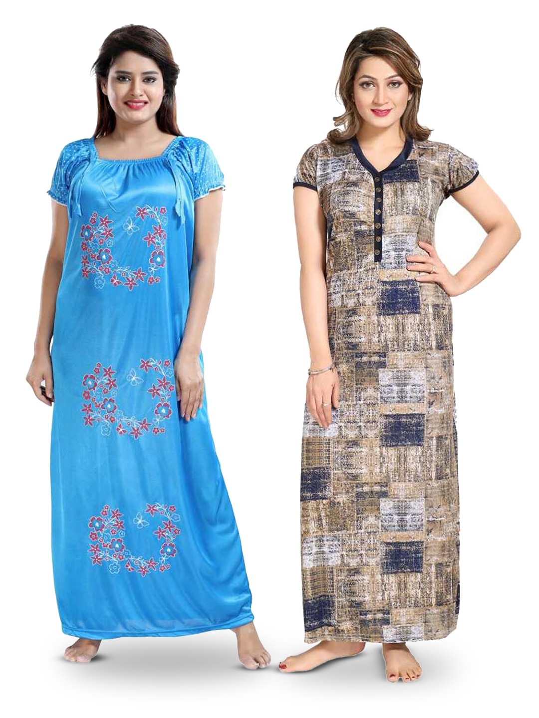 

SHOPPING STATION Pack Of 2 Printed Satin Maxi Nightdress, Blue