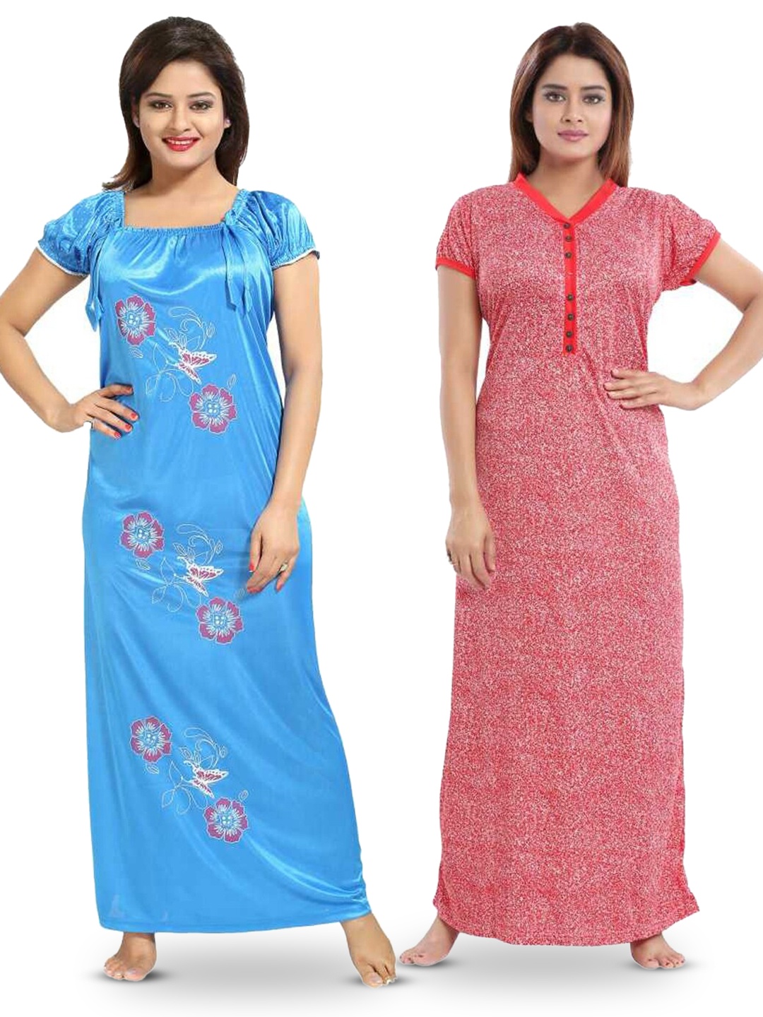 

SHOPPING STATION Pack Of 2 Floral Printed Satin Maxi Nightdress, Blue