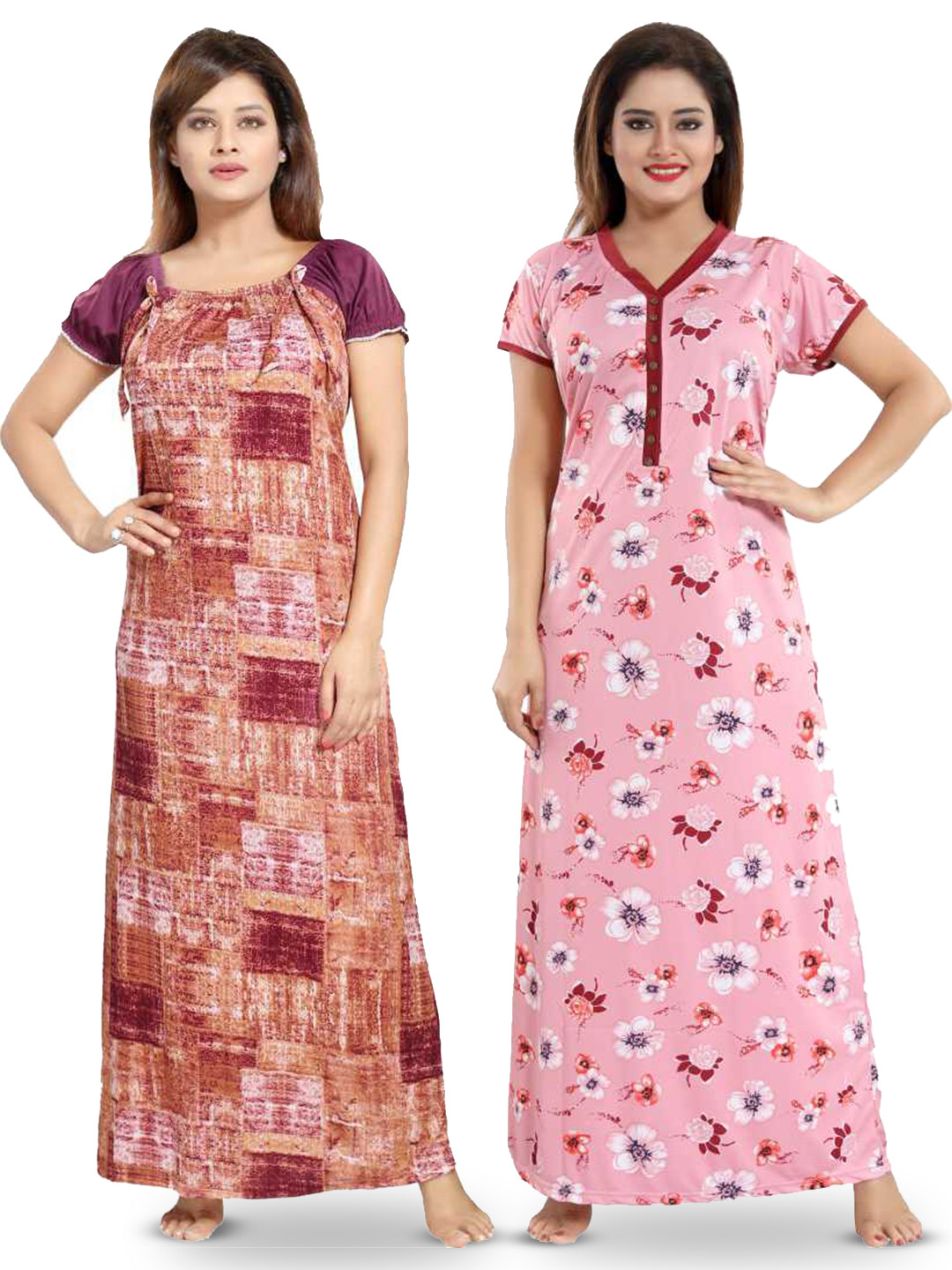 

SHOPPING STATION Pack Of 2 Floral Printed Satin Maxi Nightdress, Pink
