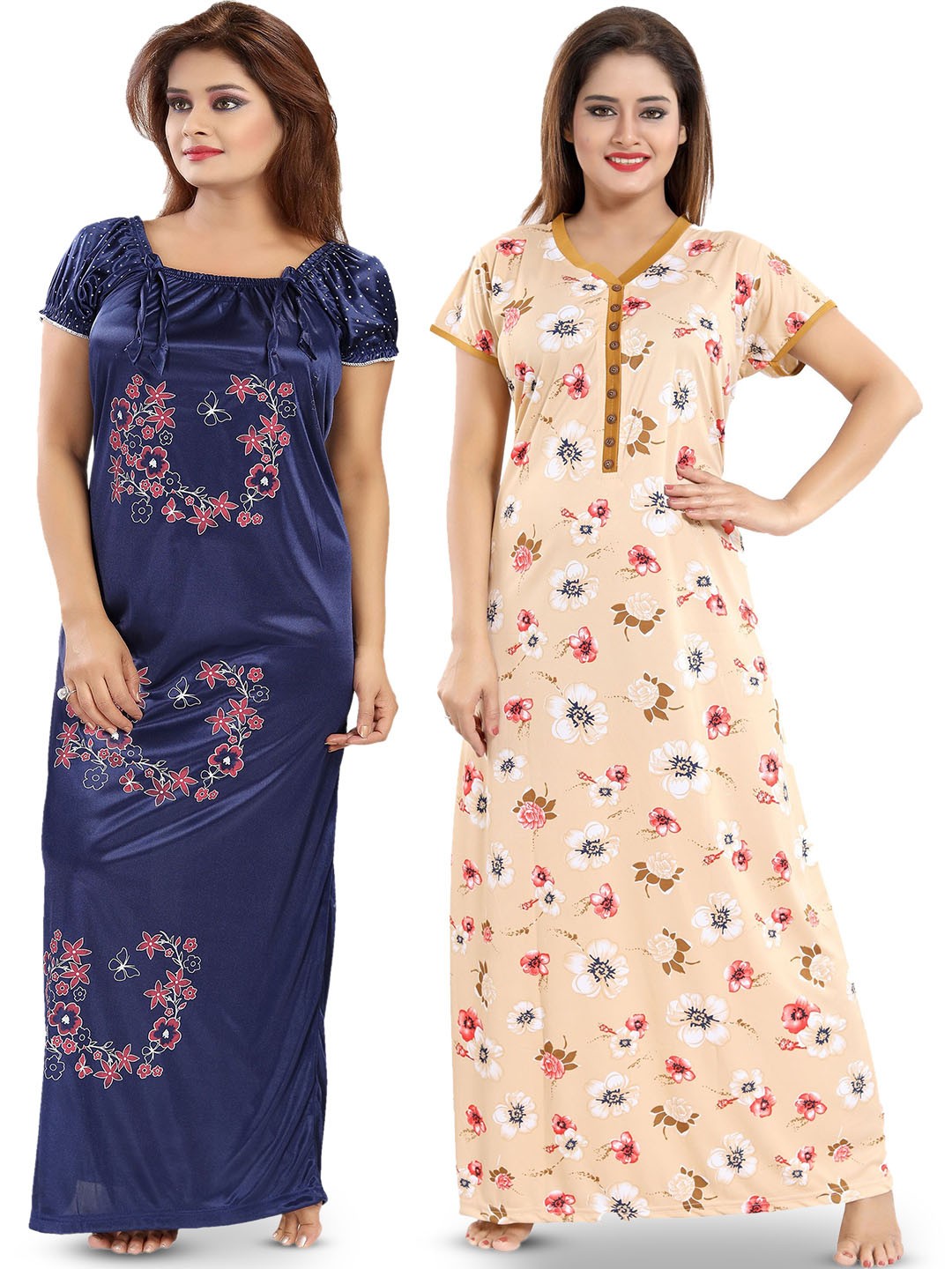 

SHOPPING STATION Pack Of 2 Floral Printed Satin Maxi Nightdress, Navy blue