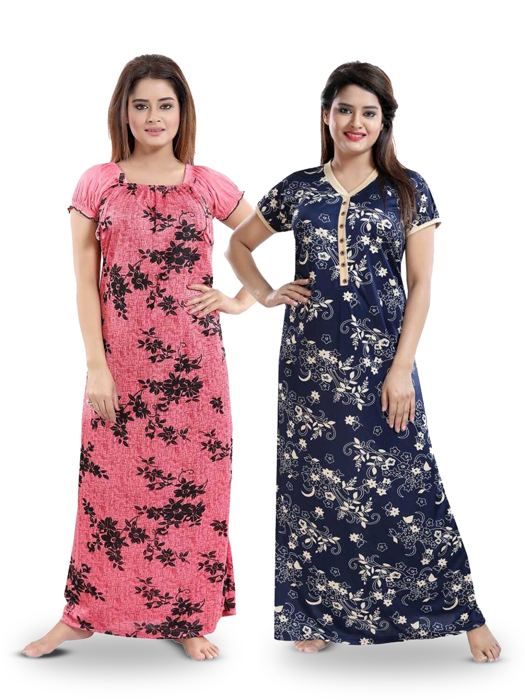 

SHOPPING STATION Pack Of 2 Floral Printed Satin Maxi Nightdress, Pink