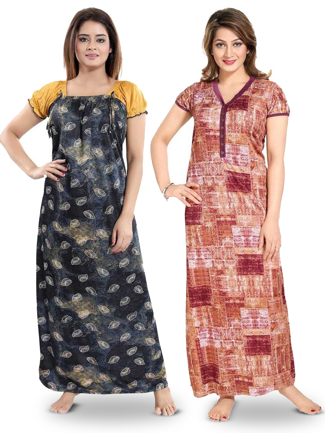 SHOPPING STATION Pack Of 2 Floral Printed Satin Maxi Nightdress, Black