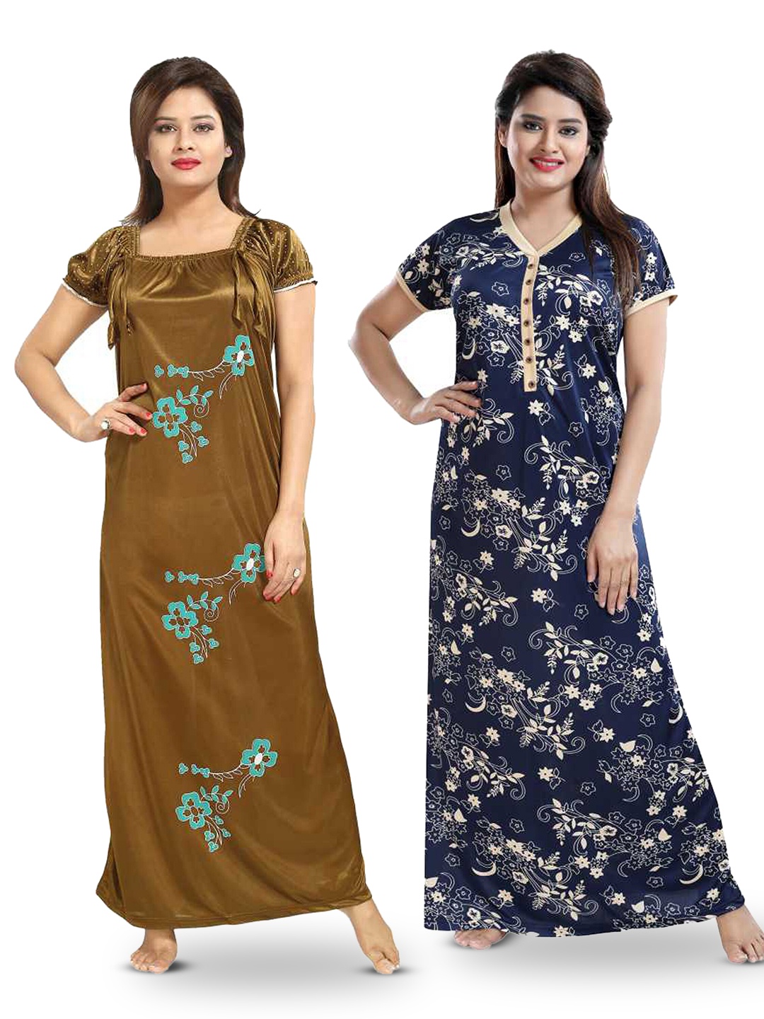

SHOPPING STATION Pack Of 2 Floral Printed Satin Maxi Nightdress, Brown