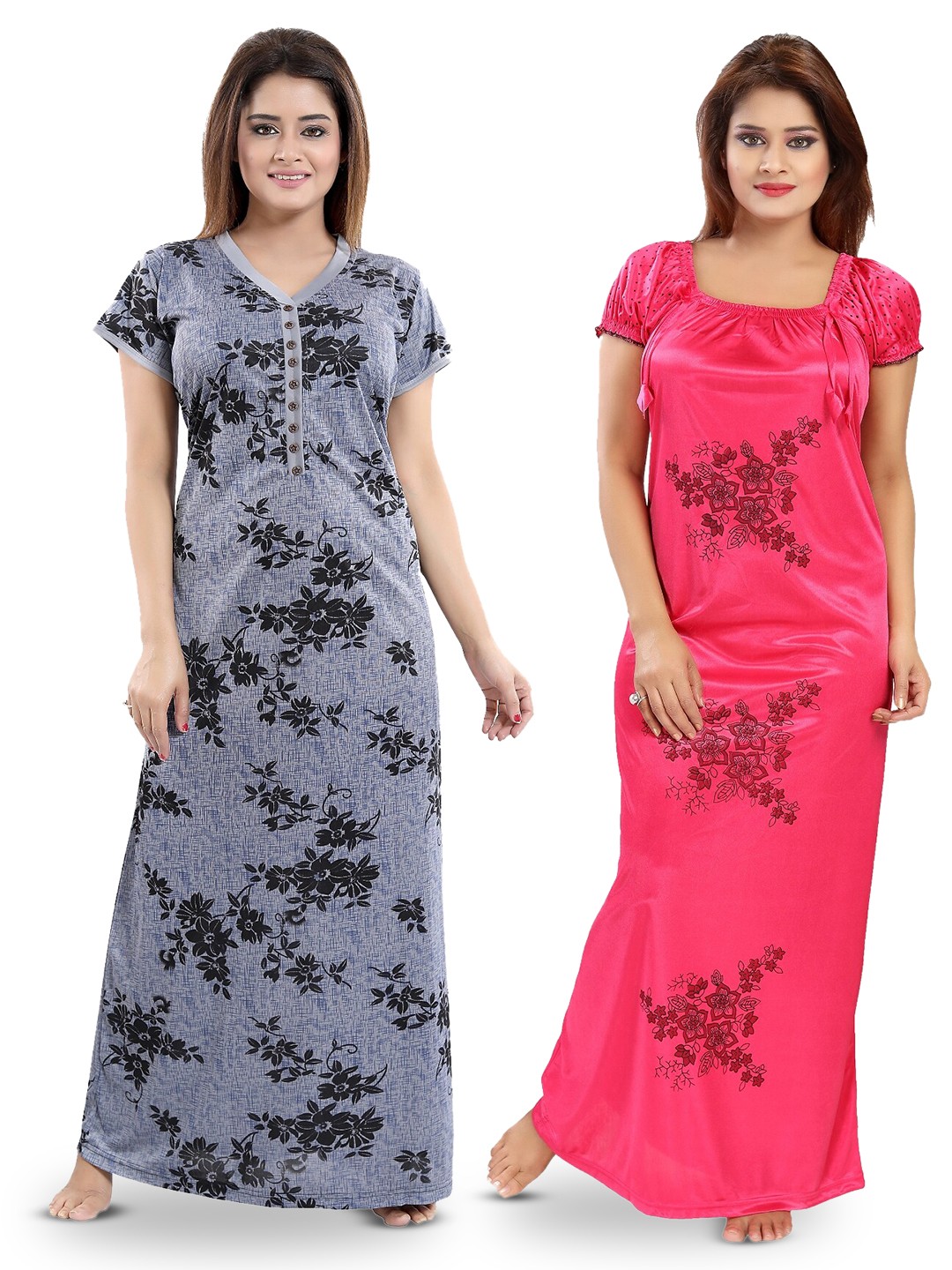 

SHOPPING STATION Pack Of 2 Floral Printed Satin Maxi Nightdress, Grey