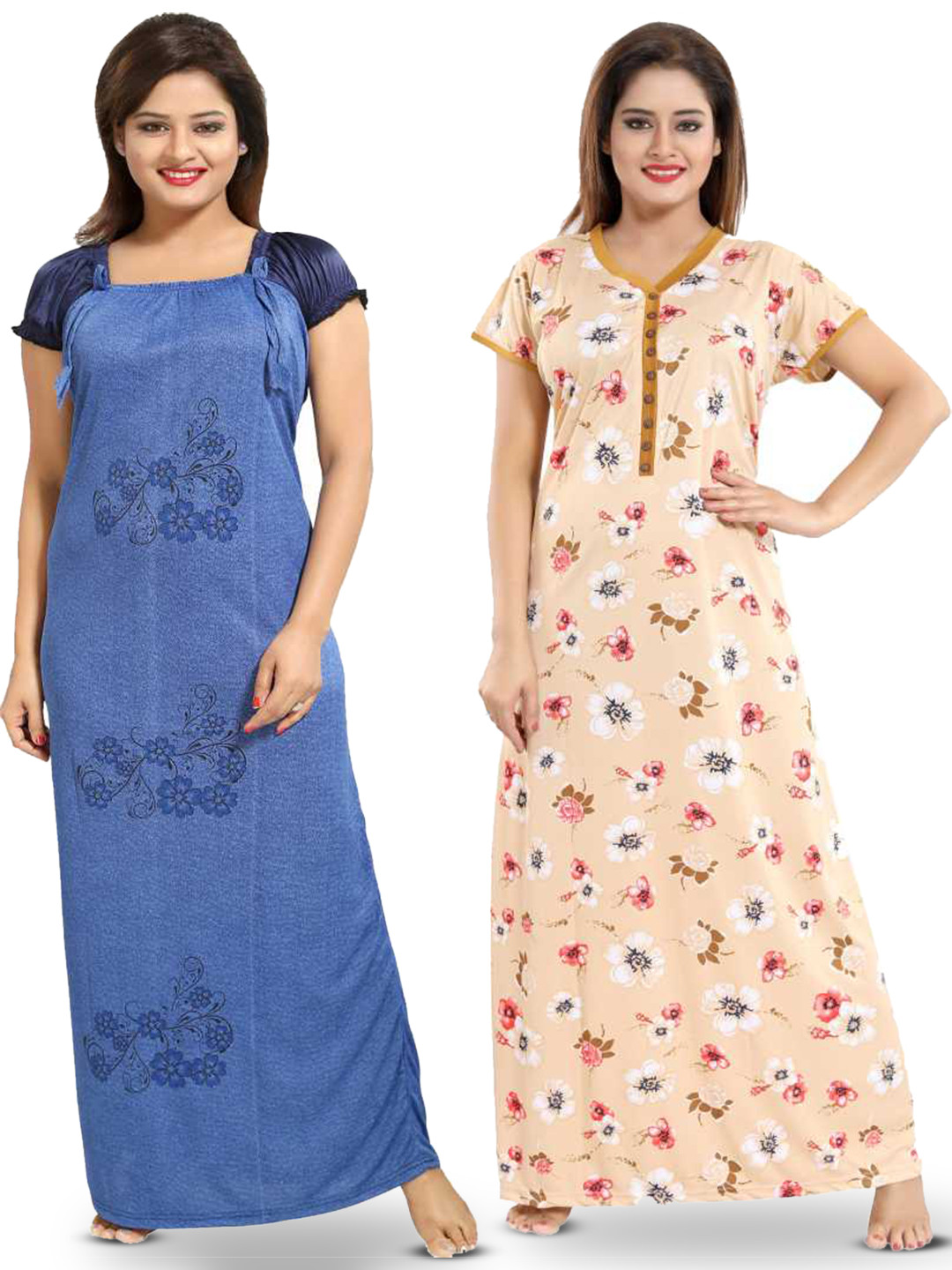 

SHOPPING STATION Pack Of 2 Floral Printed Satin Maxi Nightdress, Blue