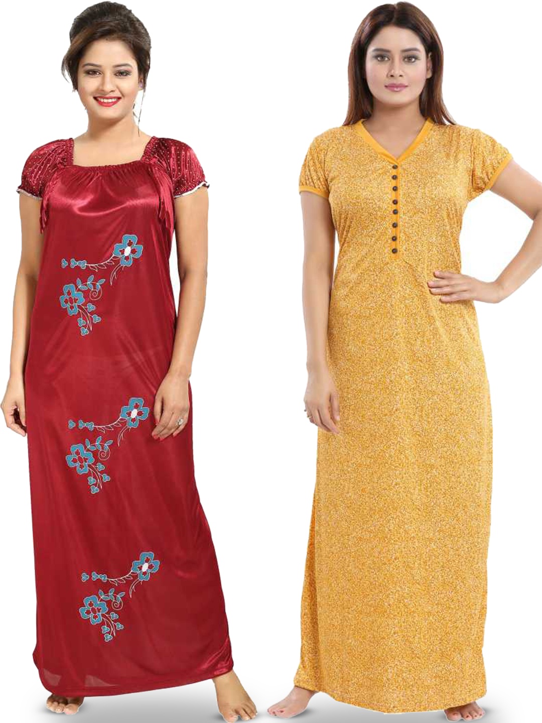 

SHOPPING STATION Pack Of 2 Floral Printed Satin Maxi Nightdress, Maroon