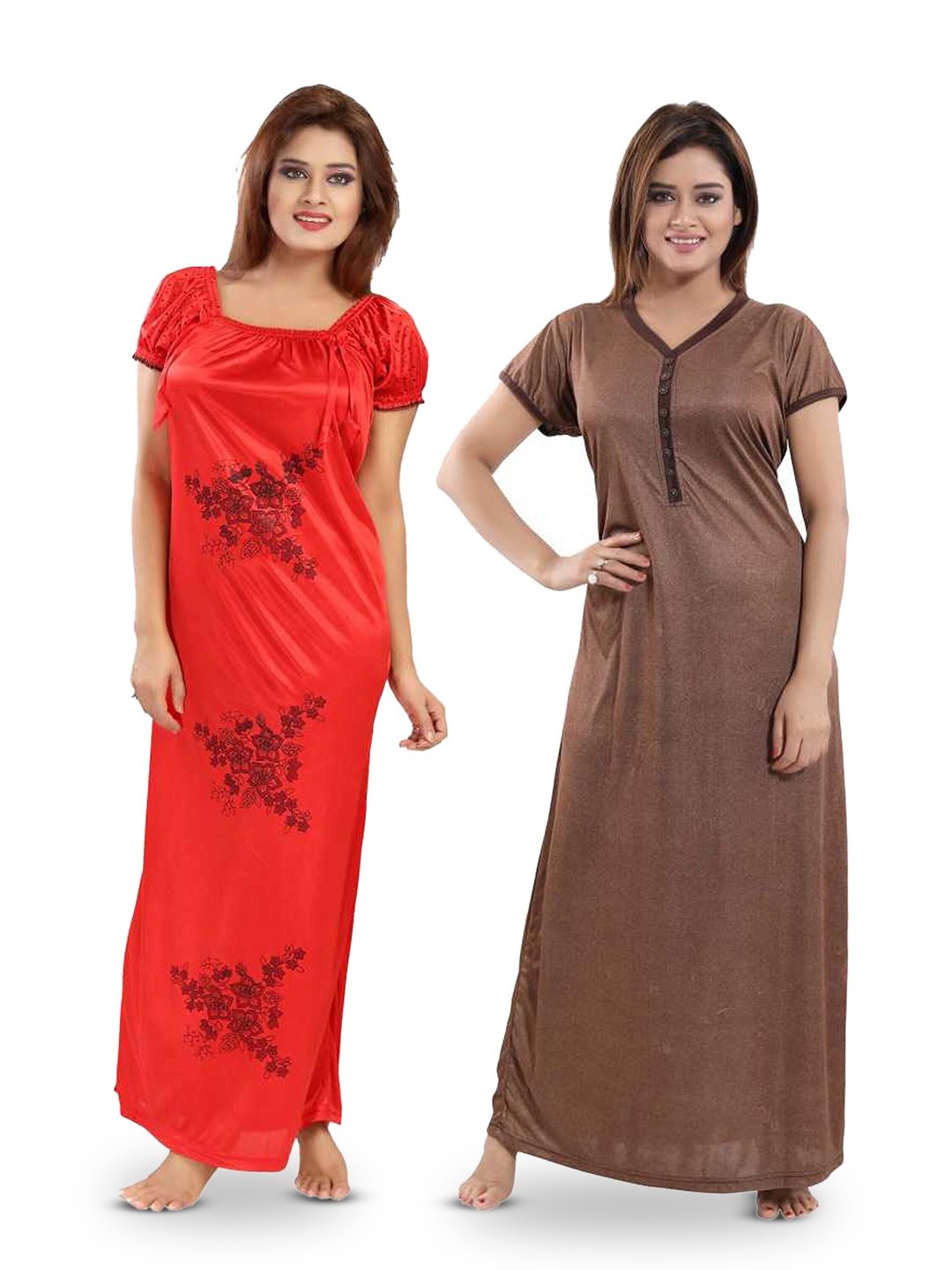 

SHOPPING STATION Pack Of 2 Floral Printed Satin Maxi Nightdress, Red