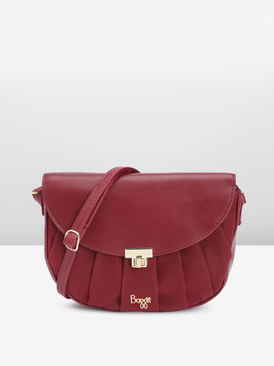 

Baggit Snake Textured PU Half Moon Velvet Finish Sling Bag With Pleated Detail, Maroon