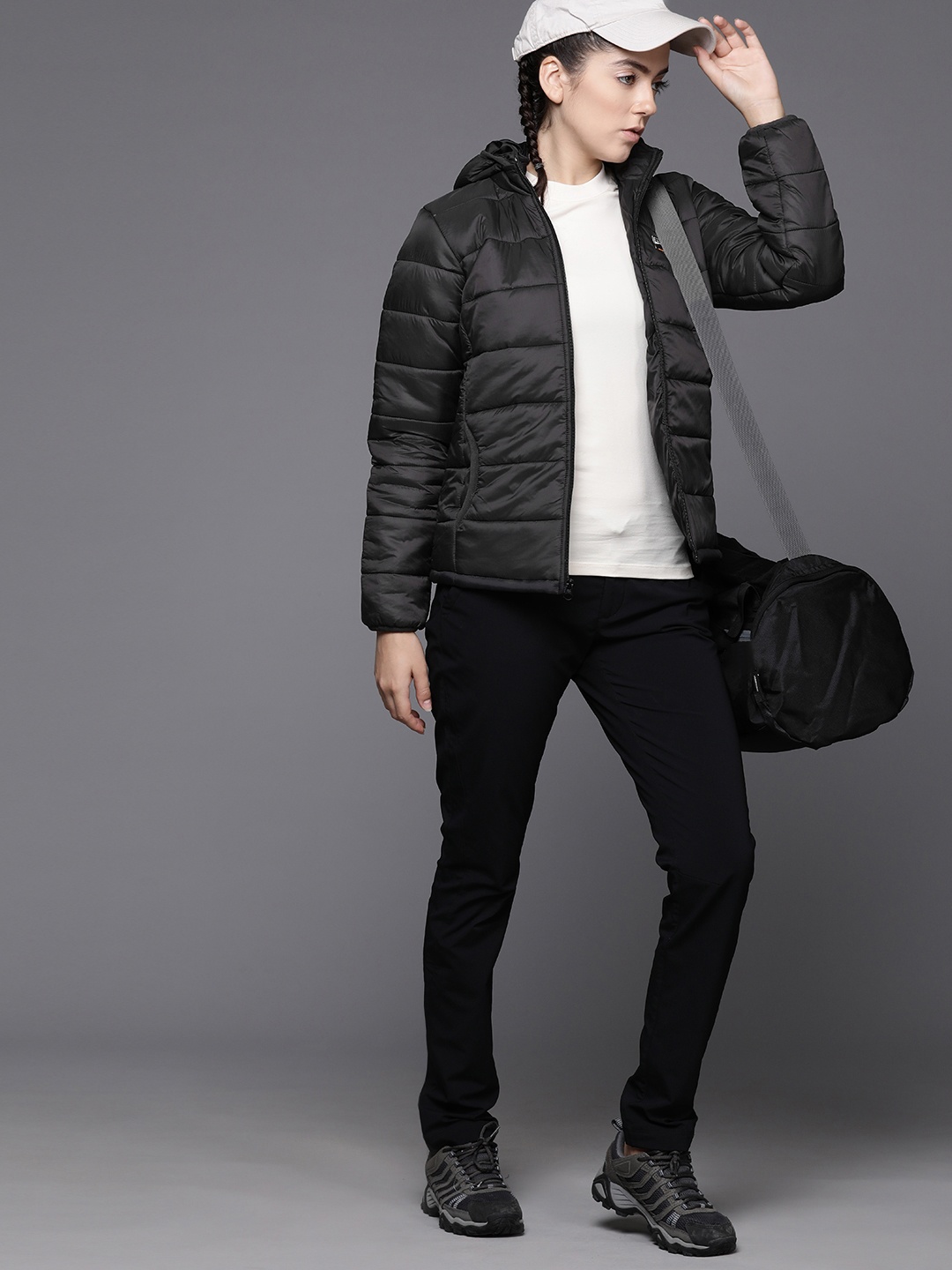 

HRX by Hrithik Roshan Solid Applique Detailed Rapid-Dry Outdoor Hooded Padded Jacket, Black