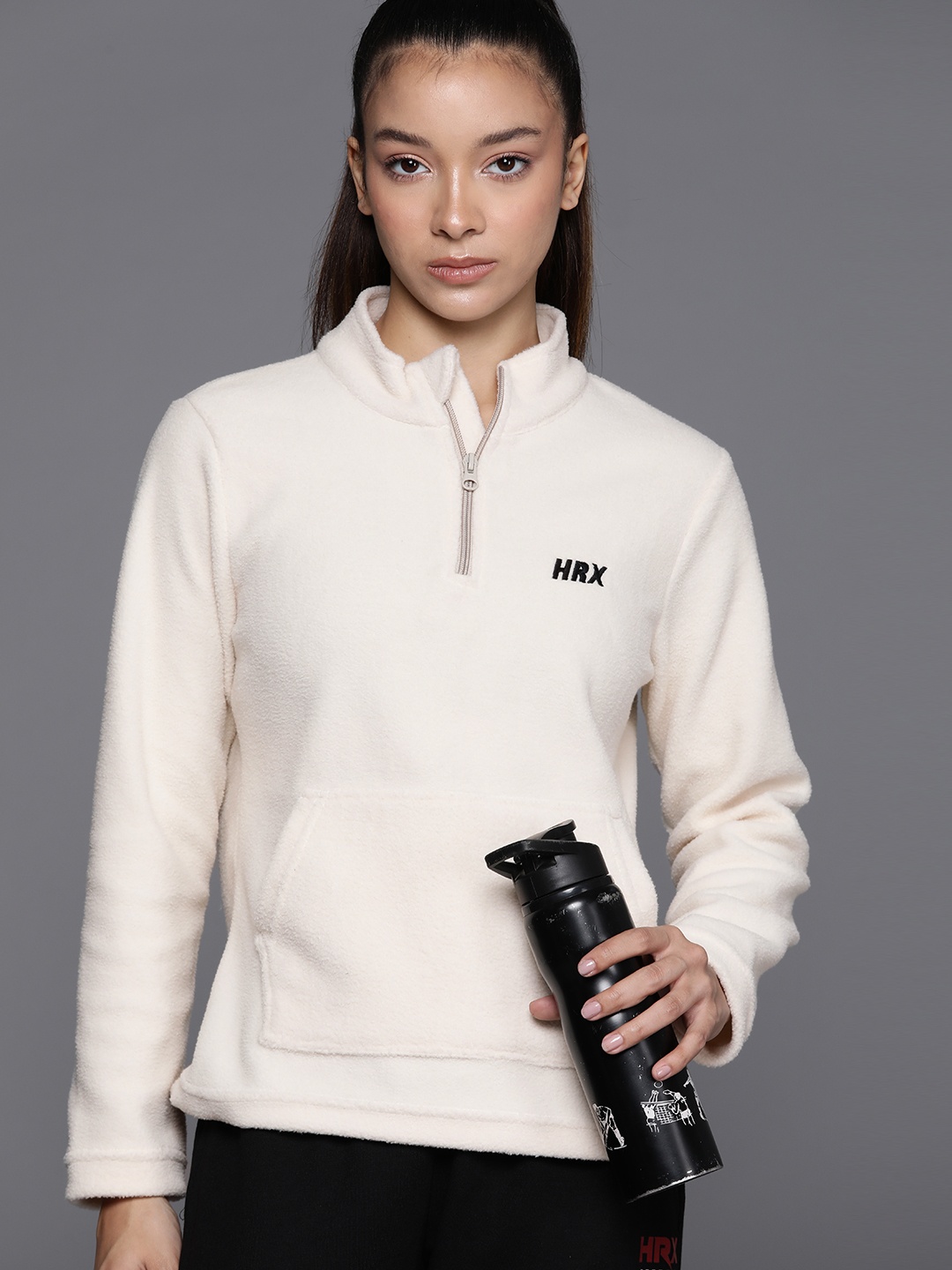 

HRX by Hrithik Roshan Half Zipper Fleece Outdoor Sweatshirt, Cream