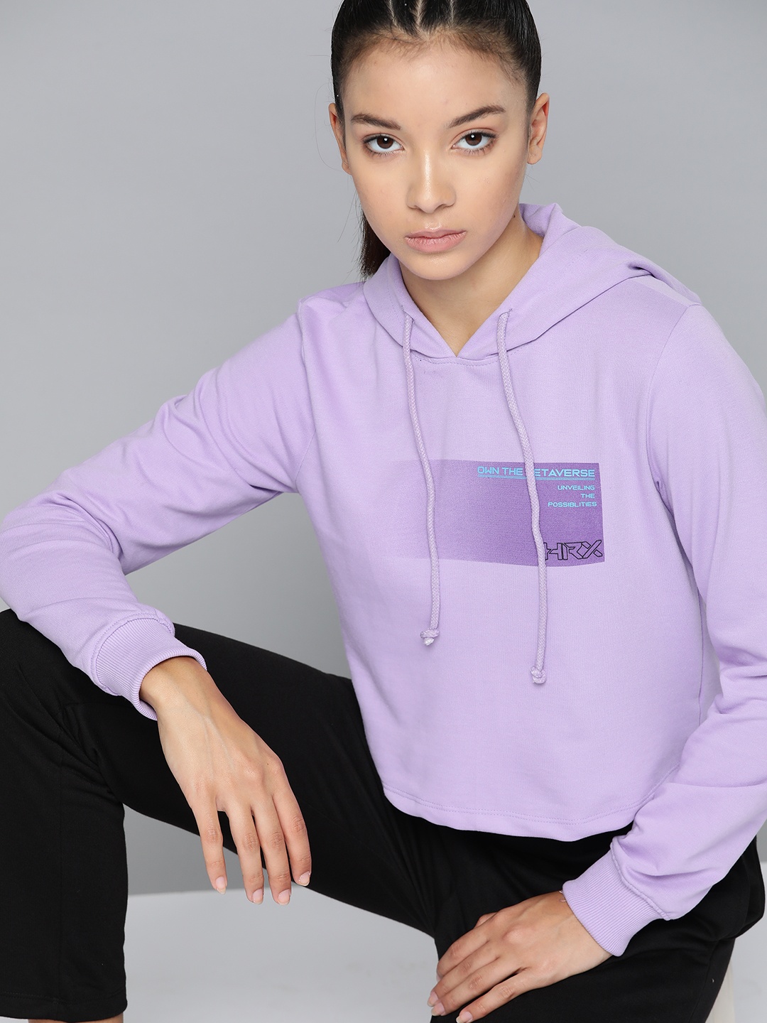 

HRX by Hrithik Roshan Printed Hooded Cropped Lifestyle Sweatshirt, Lavender