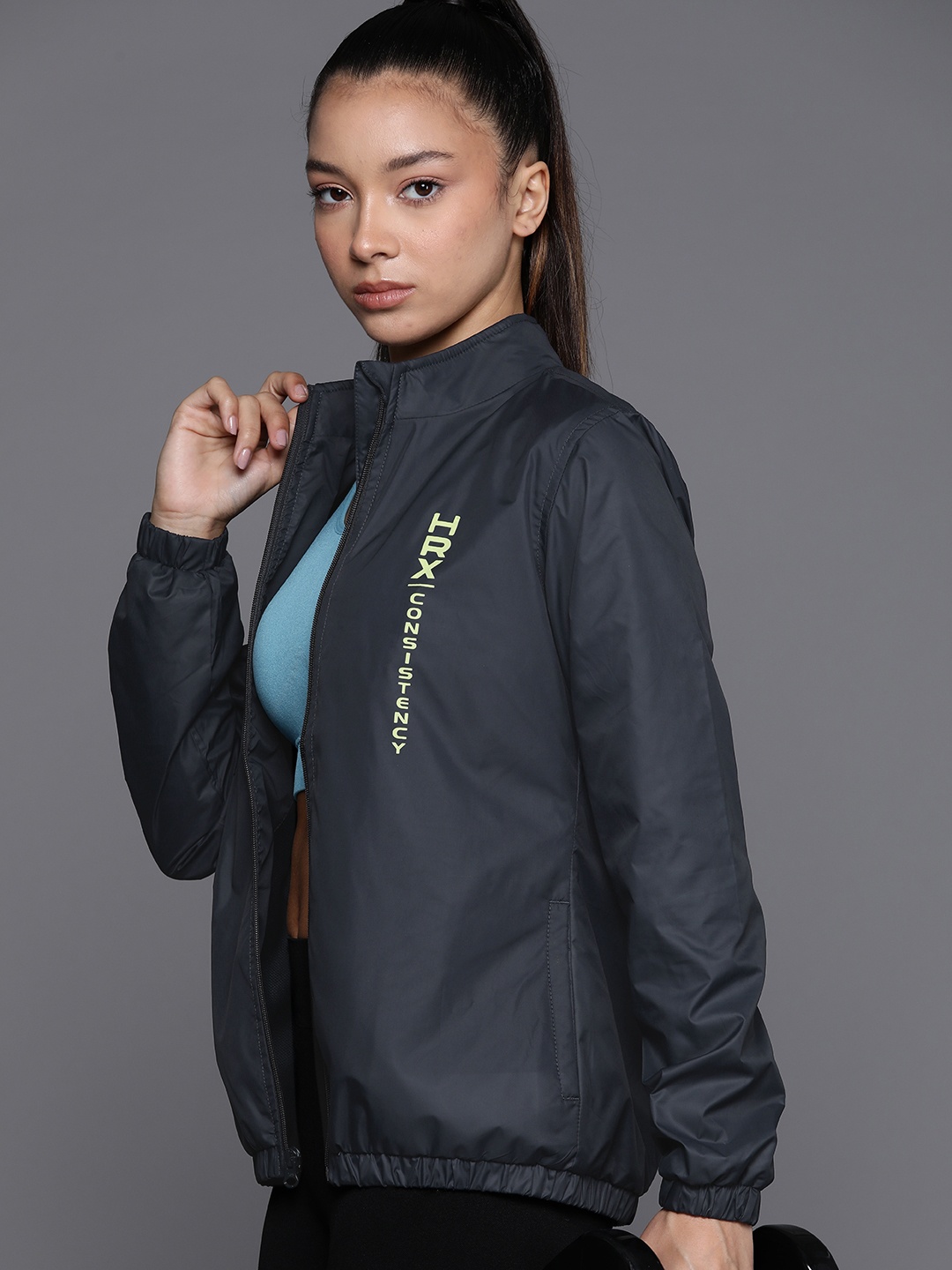 

HRX by Hrithik Roshan Women Rapid-Dry Reflective Detail Training Jacket, Navy blue