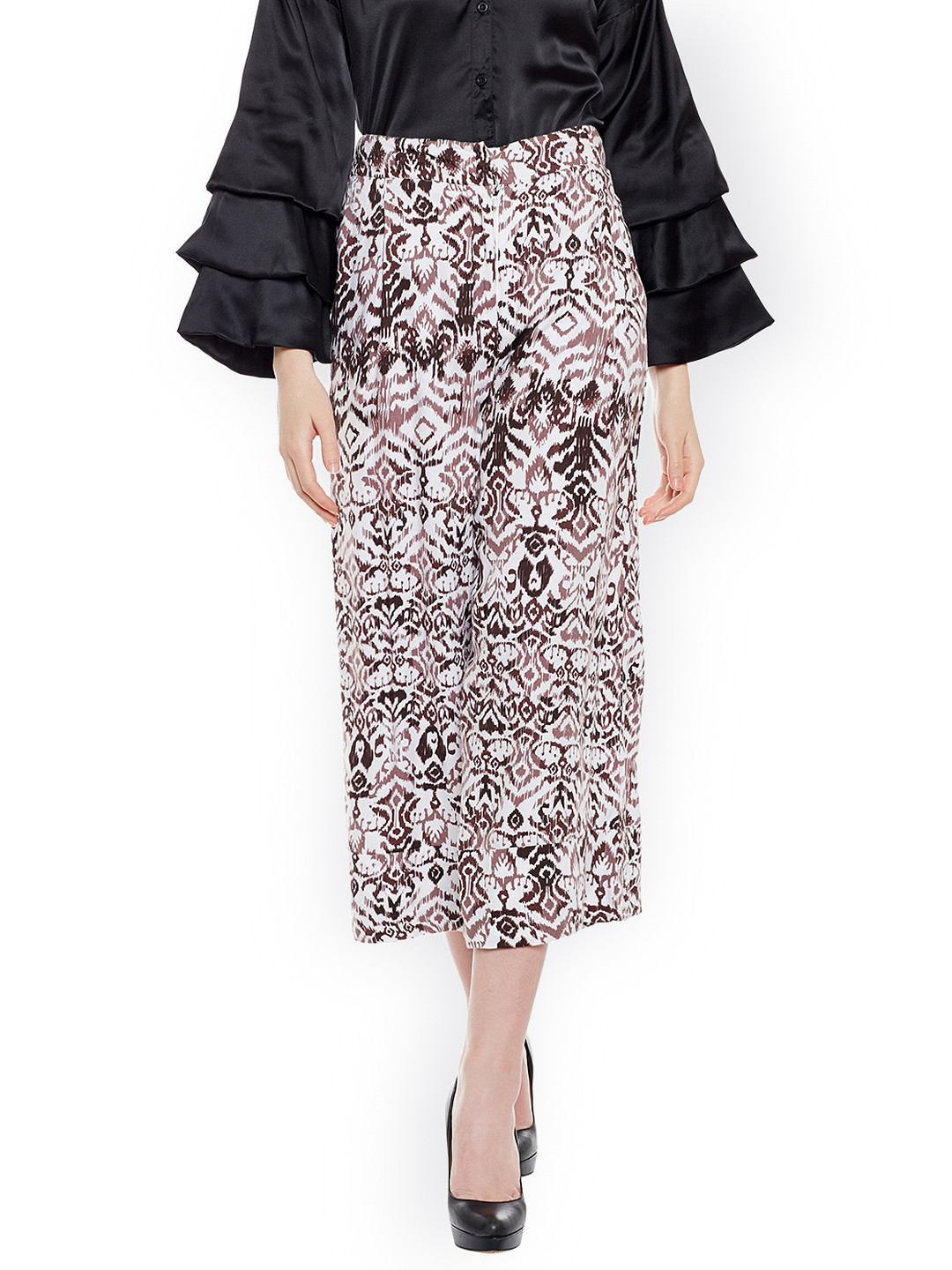

Oxolloxo Women Off-White & Brown Relaxed Regular Fit Printed Culottes