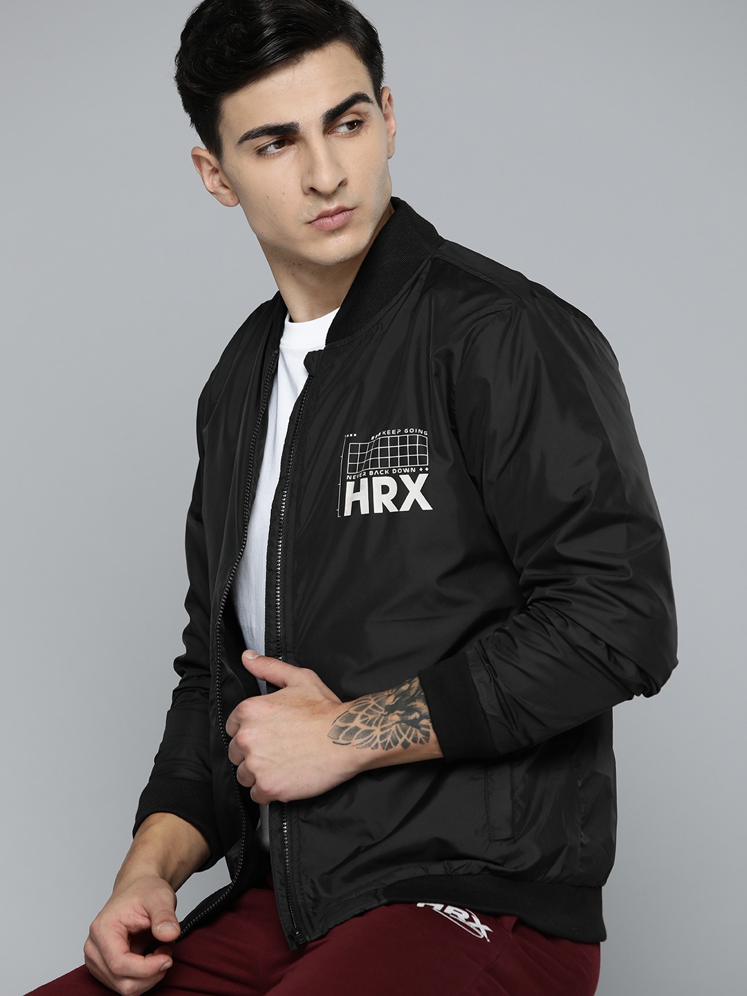 

HRX by Hrithik Roshan Brand Logo Printed Stand Collar Bomber Jacket, Black