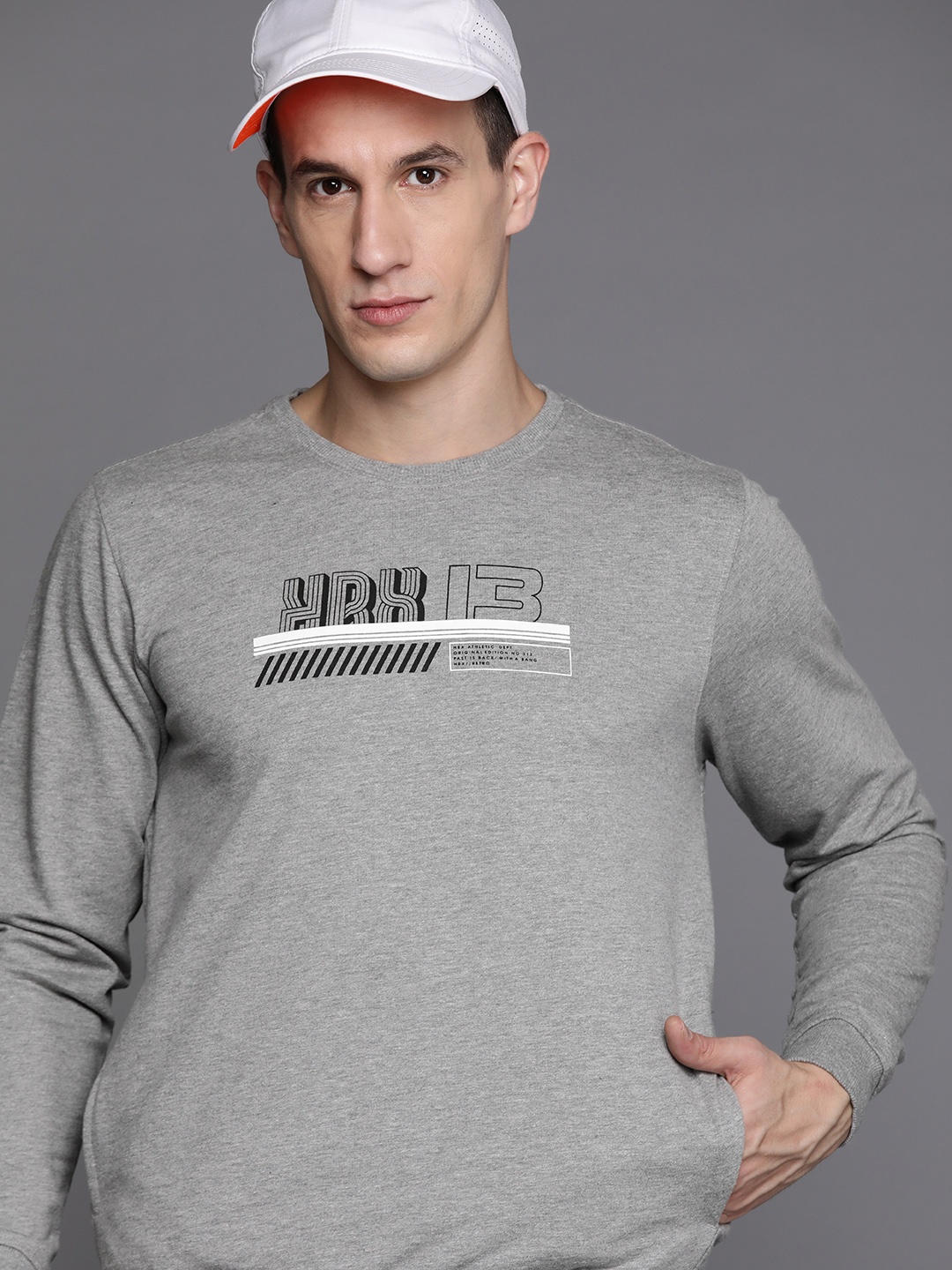 

HRX by Hrithik Roshan Brand Logo Printed Round-Neck Sweatshirt, Grey melange