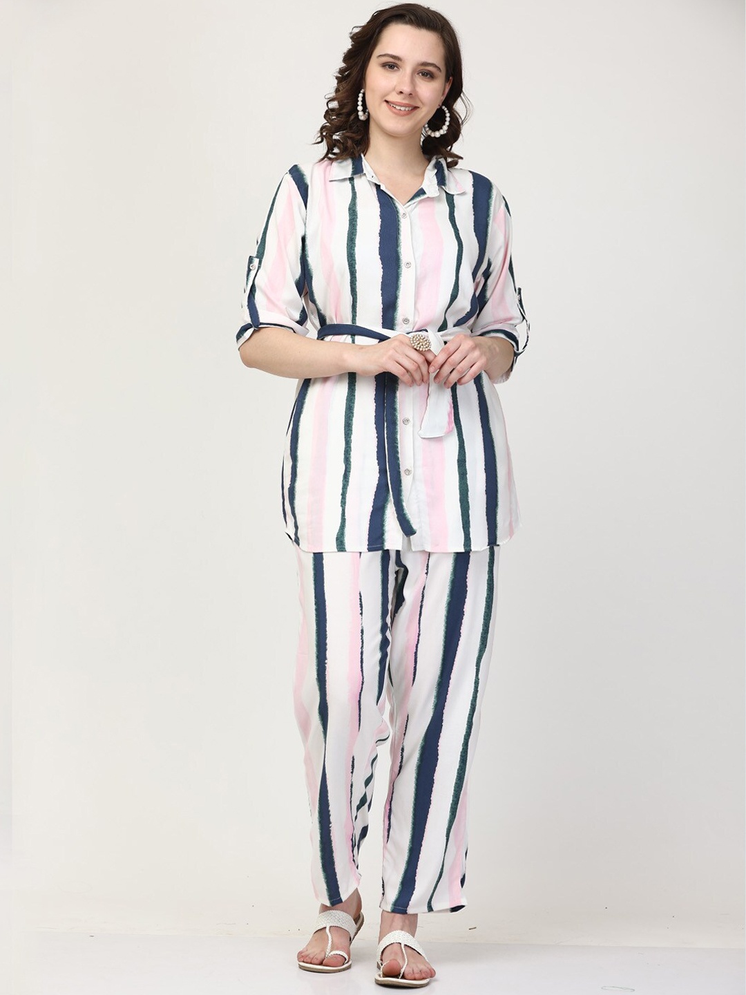 

Clora Creation Women Striped Shirt With Trouser Co-Ords, Pink