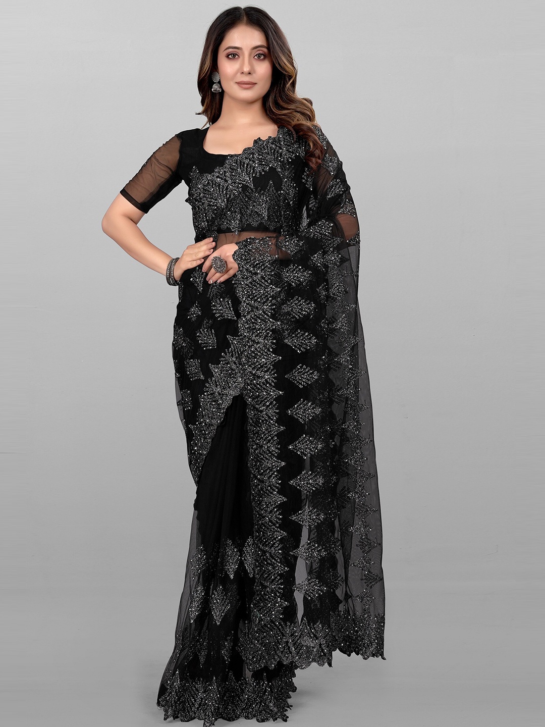 

JSItaliya Floral Embroidered Embellished Net Saree, Black