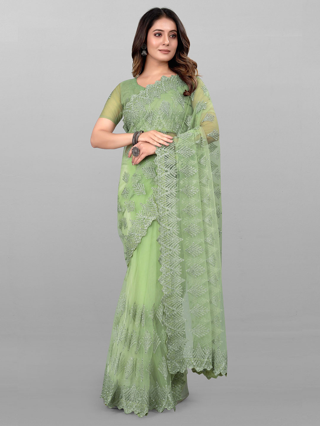 

JSItaliya Floral Embroidered Embellished Net Saree, Green