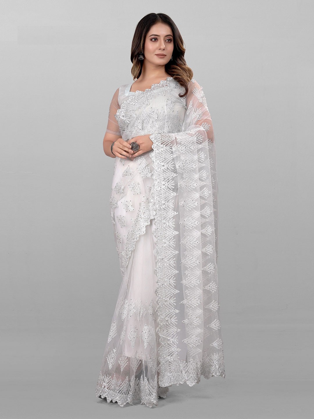 

JSItaliya Floral Embroidered Embellished Net Saree, White